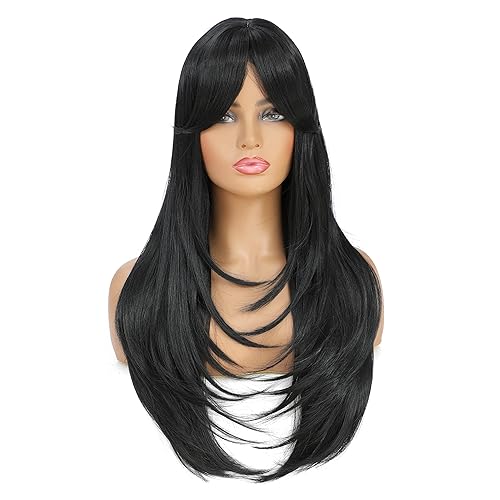 SWACC Peluca de pelo sintético con flequillo largo en capas para mujeres con gorra de peluca (negro)