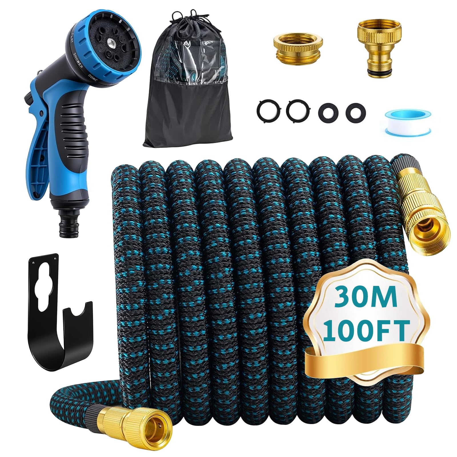 Tubo Giardino Estensibile 30m,Tubo Irrigazione Espandibile Flessibile,Canna Acqua con Adattatori 1/2" 3/4",con Ugello a 10Funzioni,per Giardino e Lavaggio Auto