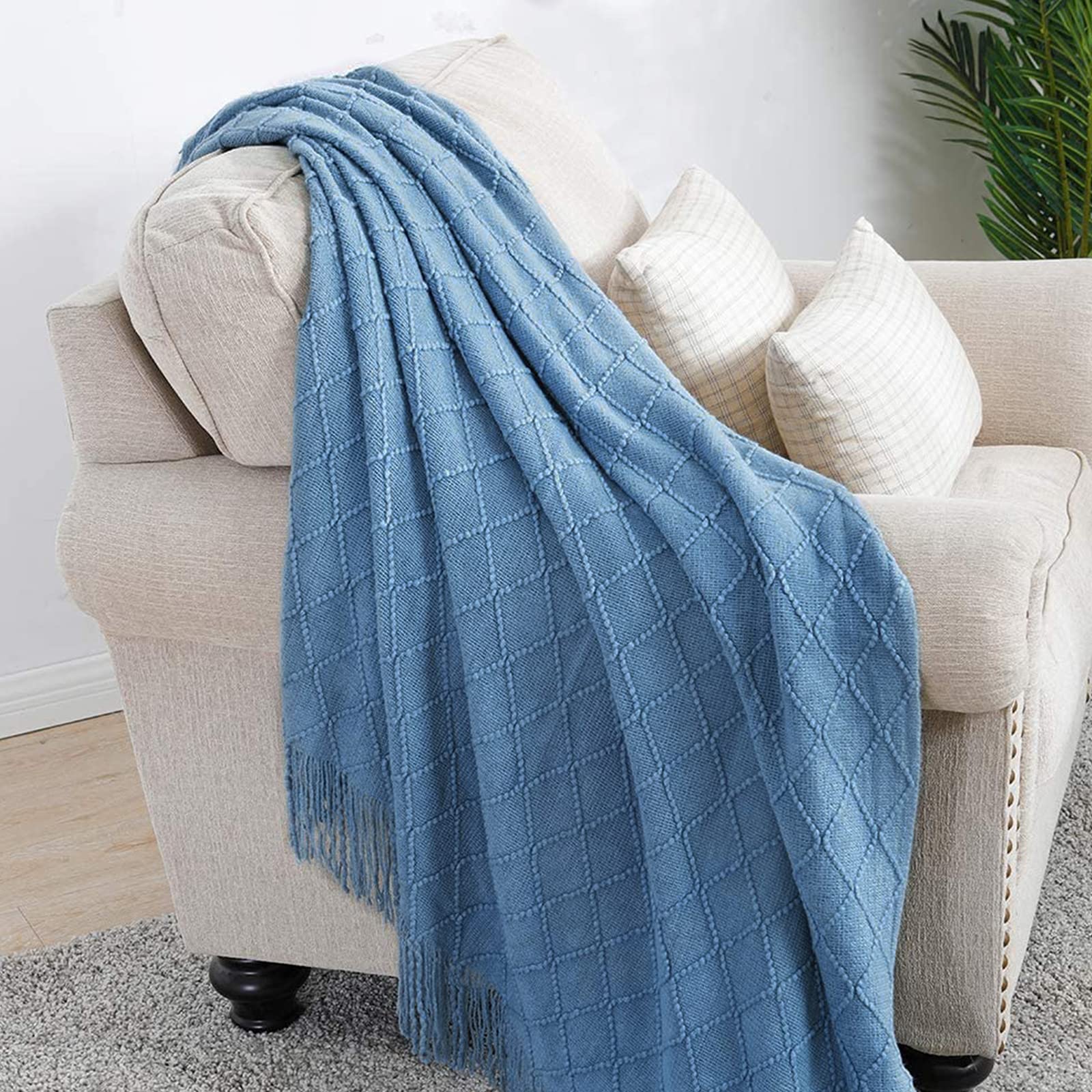 LumiSyne Manta De Punto con Flecos Color Sólido Borlas Clásica Diseño con Motivos Geométricos Comoda Suave Cubresofa Cubrecama Manta Cubrecama Decorativa para Sofá Cama 230x130cm
