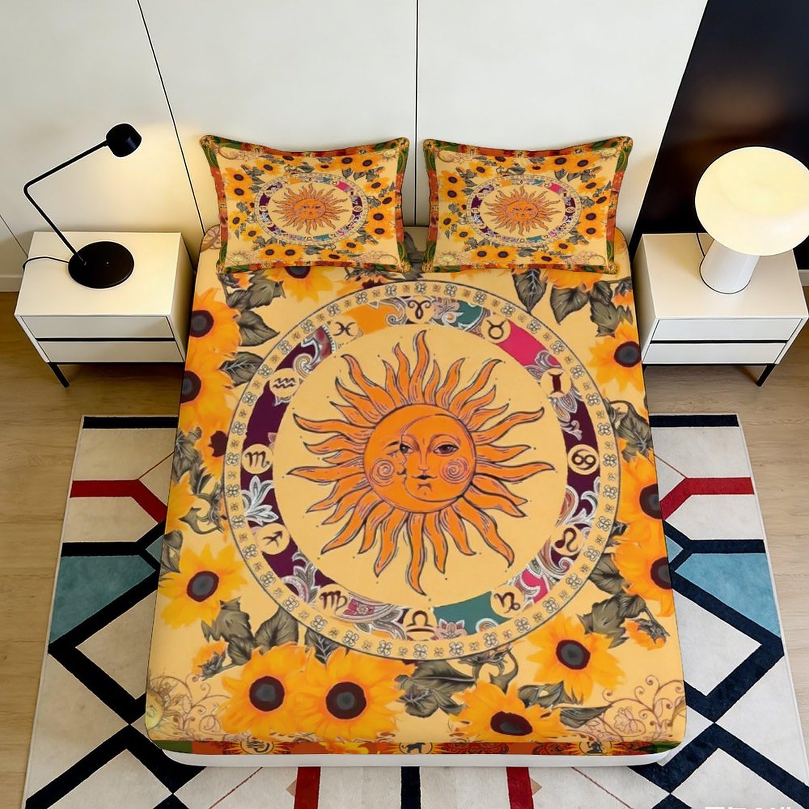 3D Printed Sun Mandala Fitted Sheet Microfiber Orange Boho Celestial Mattress Cover Bedroom Dorm Decor 90x200x25cm