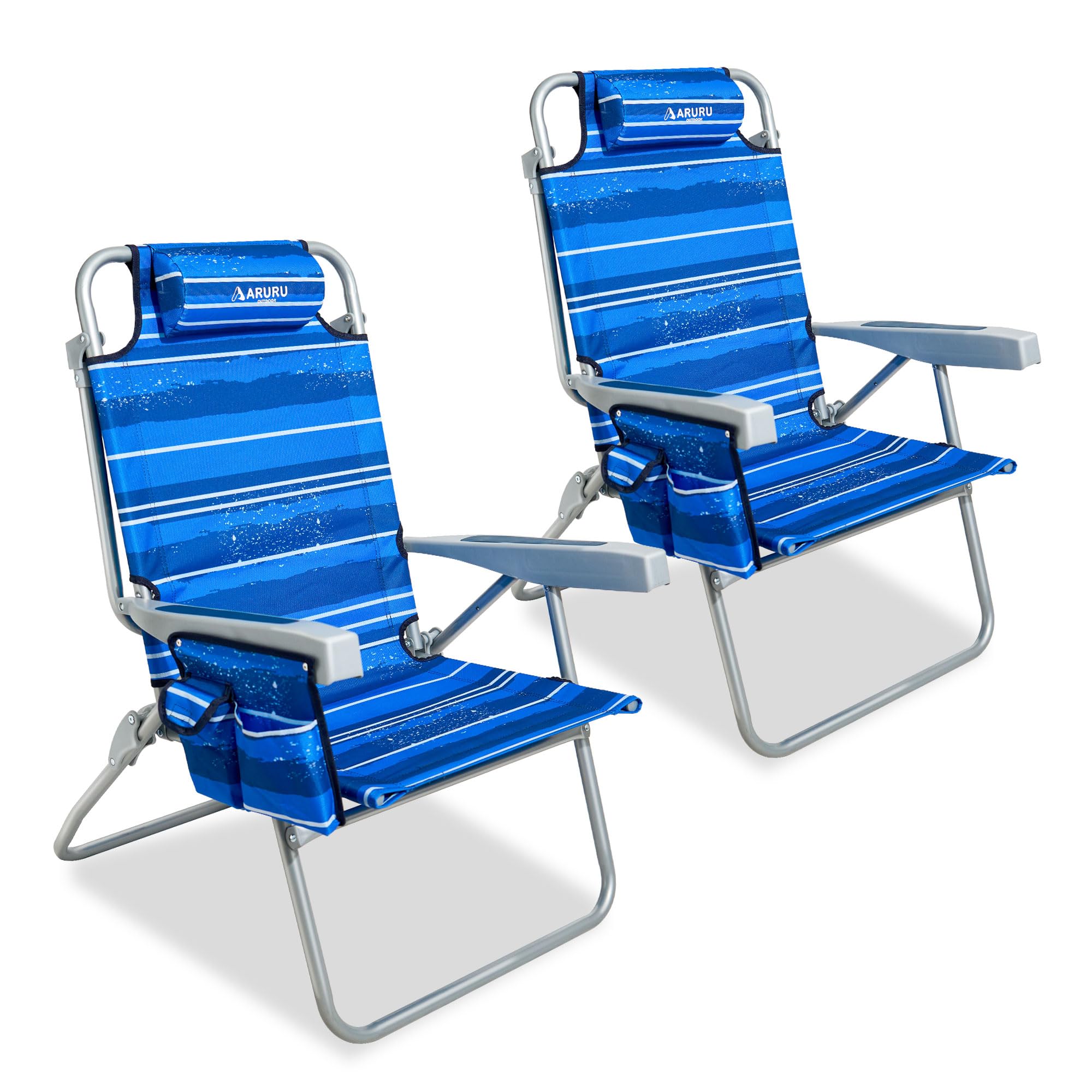 ARURU Backpack Beach Chairs for Adults Set of 2, Low Reclining Beach Chair, Portable Camping Chair Lightweight with Headrest, 5-Position Flat Adjustable Lounger, Cooler Bag, Drink Holder
