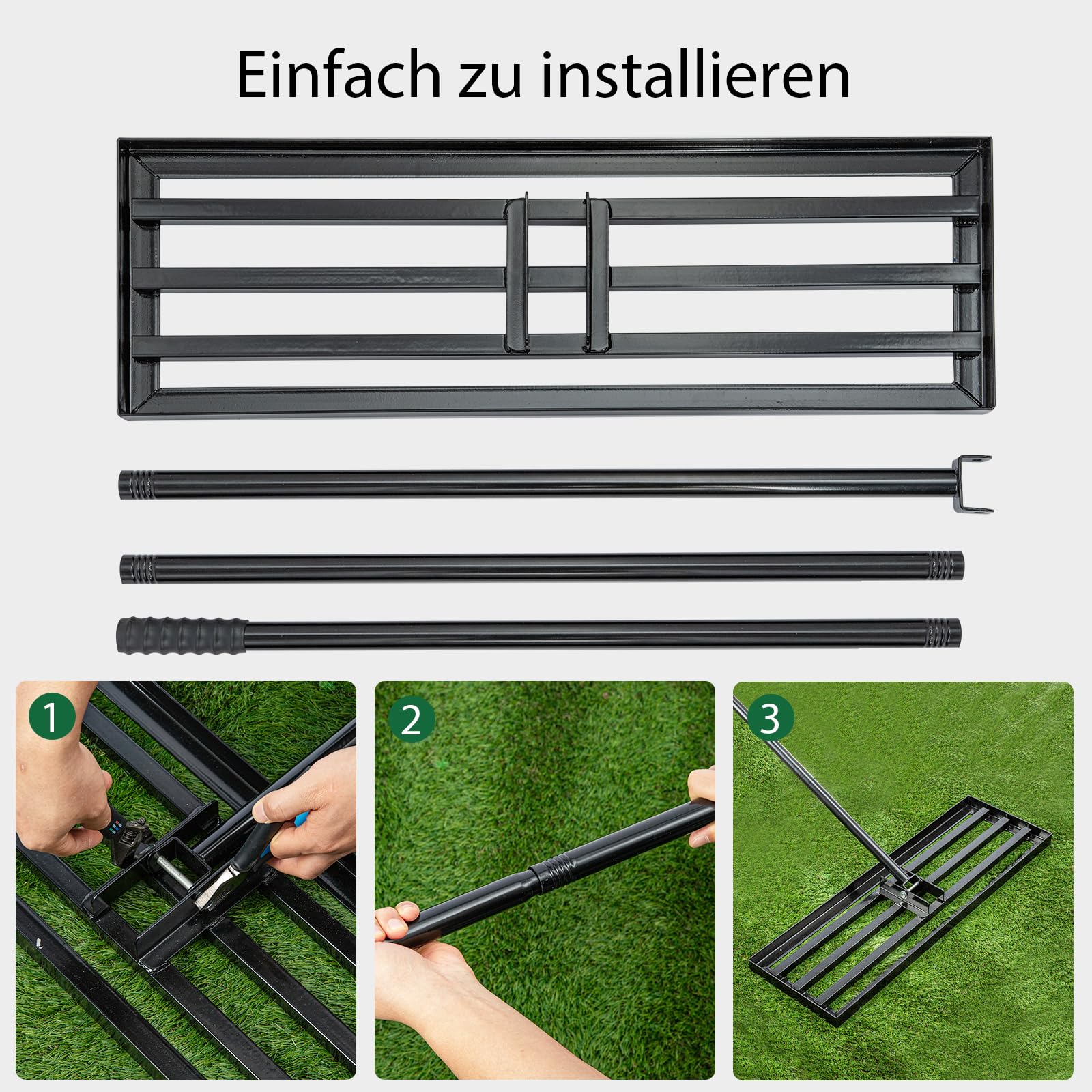 Lawn Levelling Rake 76 x 25 x 229cm, Rasenrechen Garden Grass Squeegee Sand Rakel Tool Scarifier with Long Handle Metal Rasen RechenRakel for Yard, Golf Course (76*25*229cm Black)