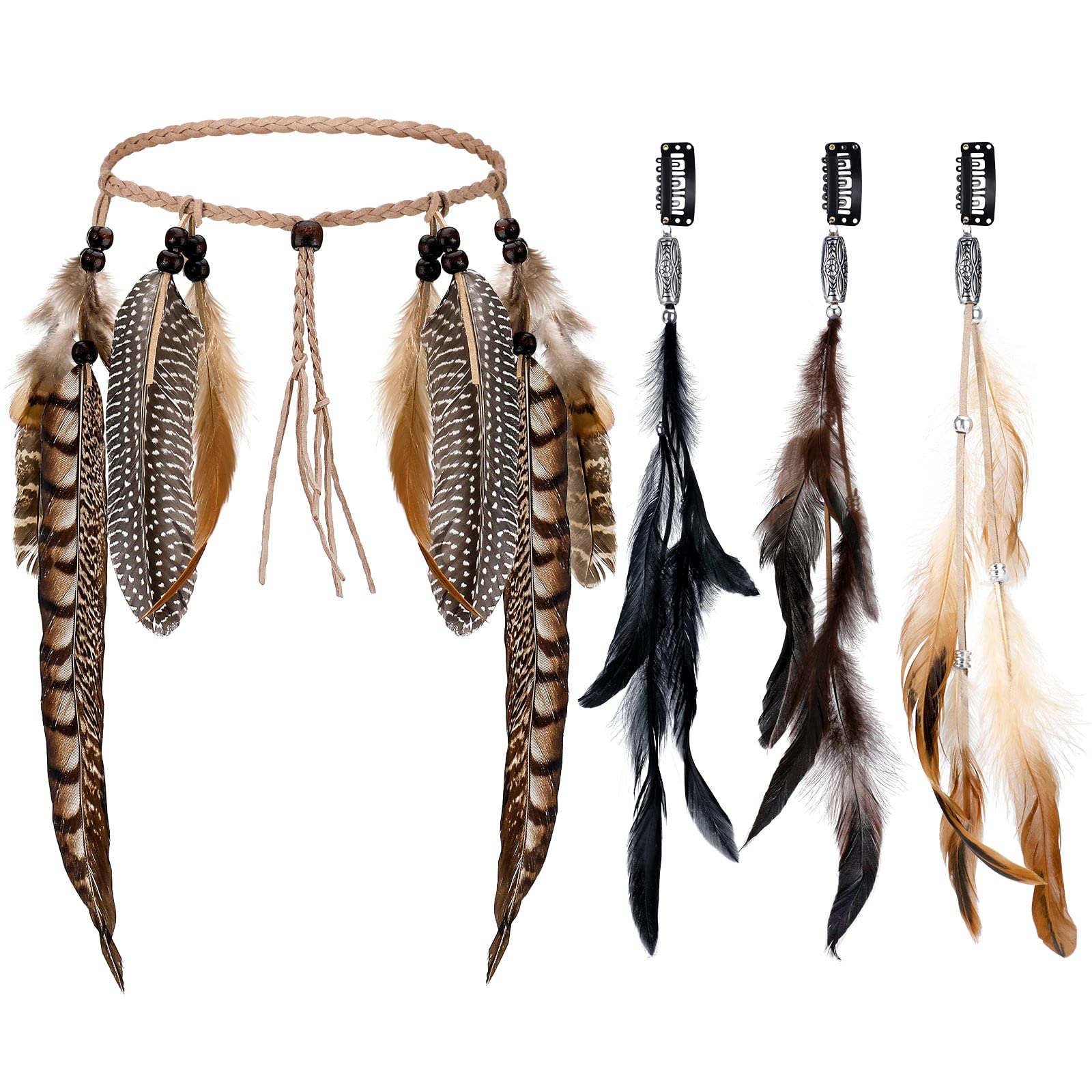 Photo 1 of 4 Pack Feather Hair Clips Handmade Boho Feather Headband Hippie Hair Extensions with Feather Clip Comb Set, Bohemia Indian Headdress 3 Gypsy Tassel Peacock Headpieces for Girl Lady Women (Exotic)