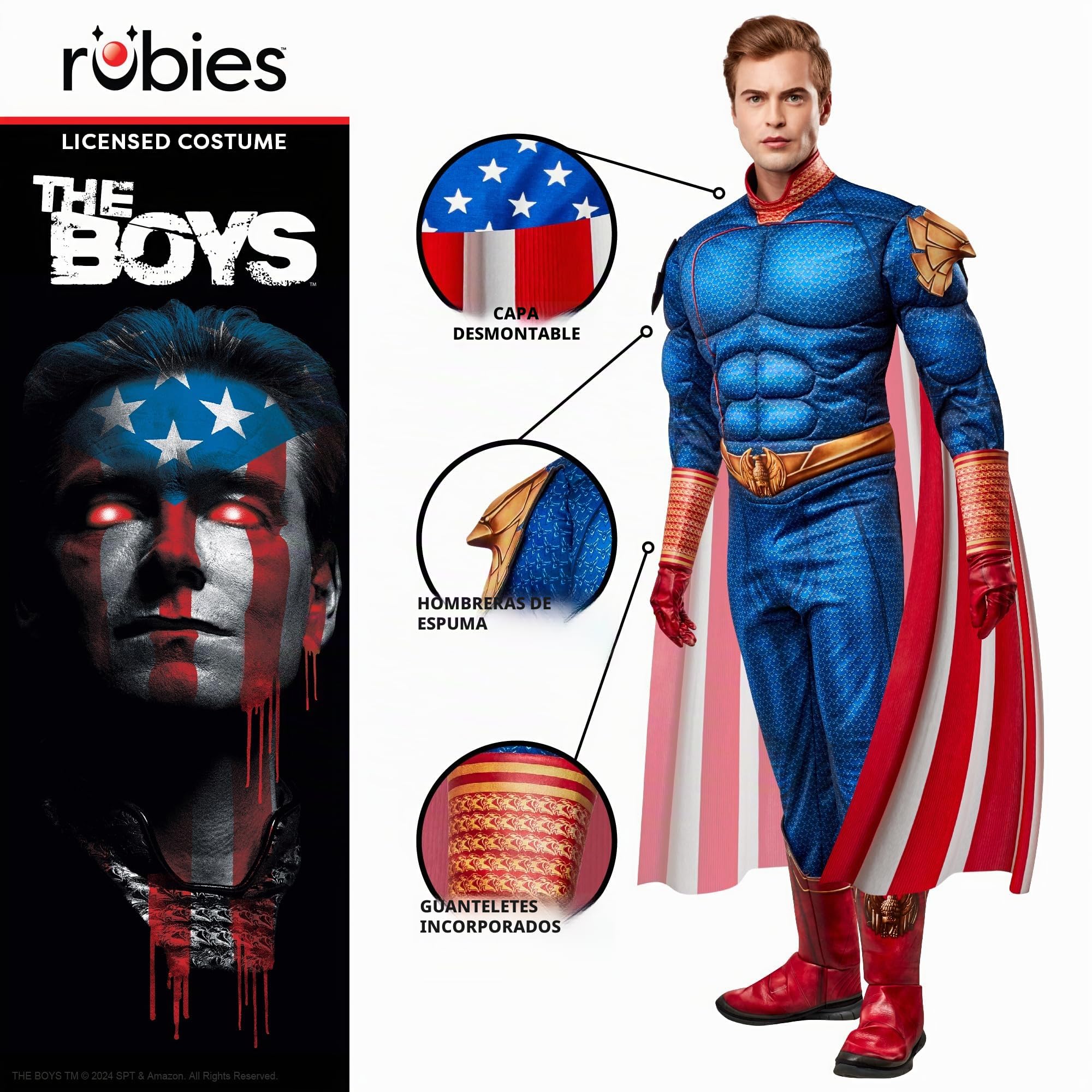 Rubies Disfraz Patriota Deluxe para adulto, Jumpsuit con pecho musculoso, capa y guantes, Oficial The Boys Homelander para Carnaval, Halloween, Navidad y Fiestas