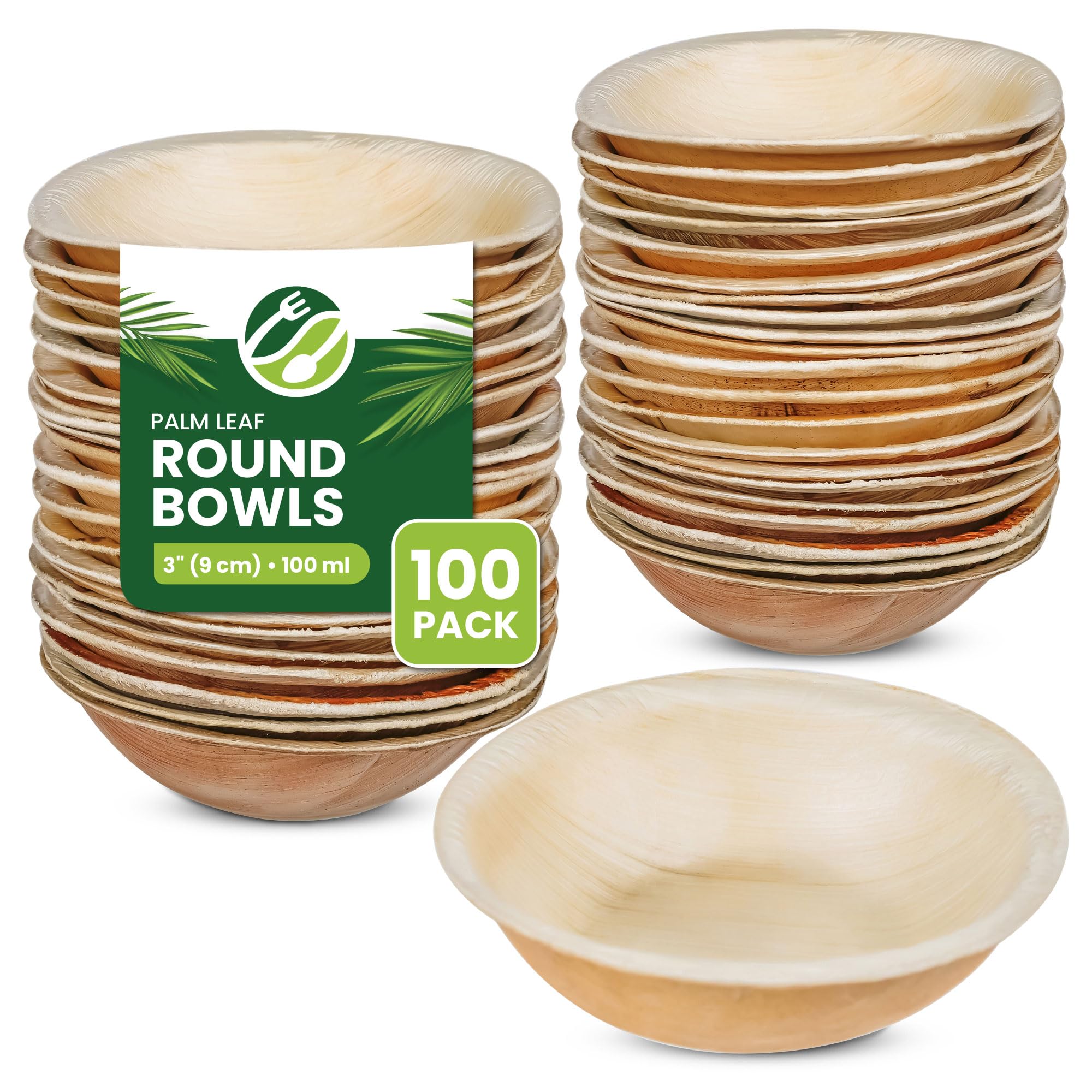 ECO Leaf 100 Disposable Palm Leaf Bowls |3”(9cm) Round Compostable Dinner Bowls | Eco-Friendly, Biodegradable Heavy-Duty Bowl for Wedding, Party and Picnic | Microwave & Oven Safe, Pack of 100