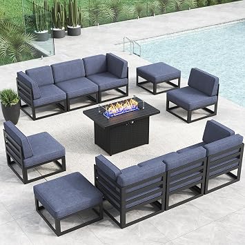 LayinSun Large Aluminum Patio Furniture Set with Fire Pit Table, 11 Pieces Modern Outdoor Conversation Set Sectional Metal Sofa Set with Olefin Cushion