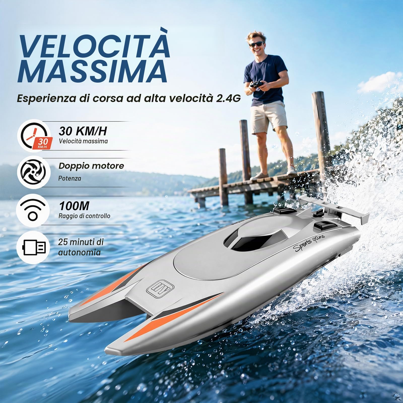Barca telecomandata per bambini e adulti, barca da corsa ad alta velocità da 15 km/h, con doppio motore, barca da corsa ad alta velocità, 25 km/h, 2 canali per piscine o laghi (argento)