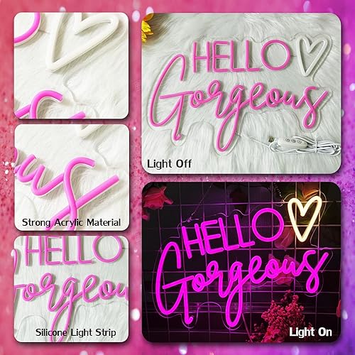 Miniatura 3 de Letrero de neón con texto en inglés Hello Gorgeous  Luces de neón USB rosadas para el hogar, boda, cumpleaños, telón de fondo, decoración de fiesta