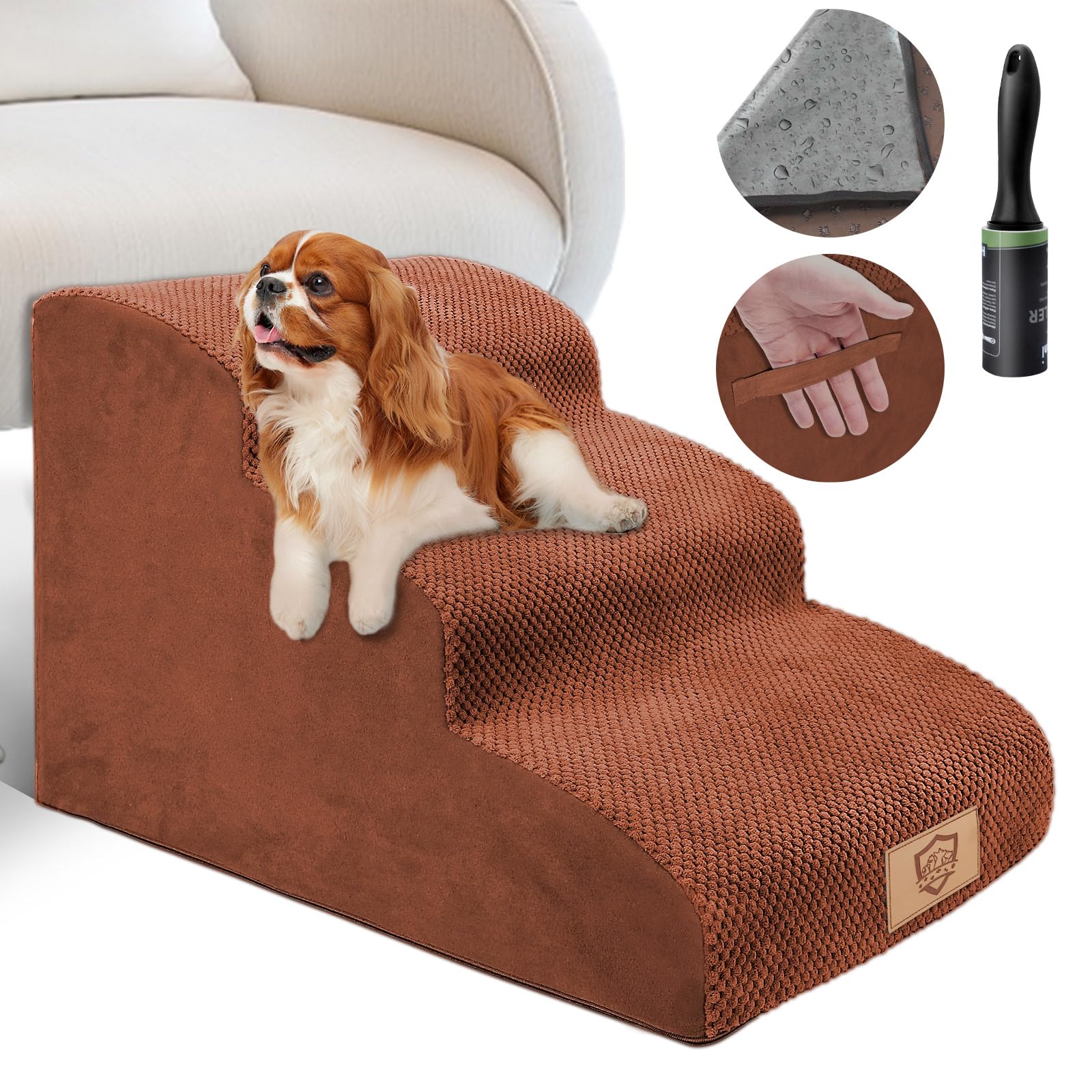 Masthome Escalera para Perros, Escalera para Mascota de Espuma de Alta Densidad, Rampa para Animales con Funda Extraíble y Lavable, para Perros Mayores, Gatos, 40x57x40 cm, Marrón