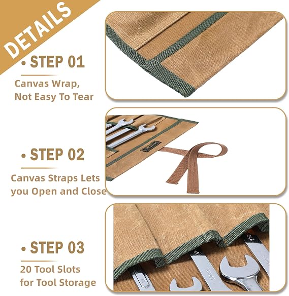 Wrench Roll, Durable 16 oz Waxed Canvas Tool Bag with 20 Slots,Tool Organizer Roll Up Bag | 23.6X12.5 Inch (Khaki)