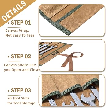 Wrench Roll, Durable 16 oz Waxed Canvas Tool Bag with 20 Slots,Tool Organizer Roll Up Bag | 23.6X12.5 Inch (Khaki)