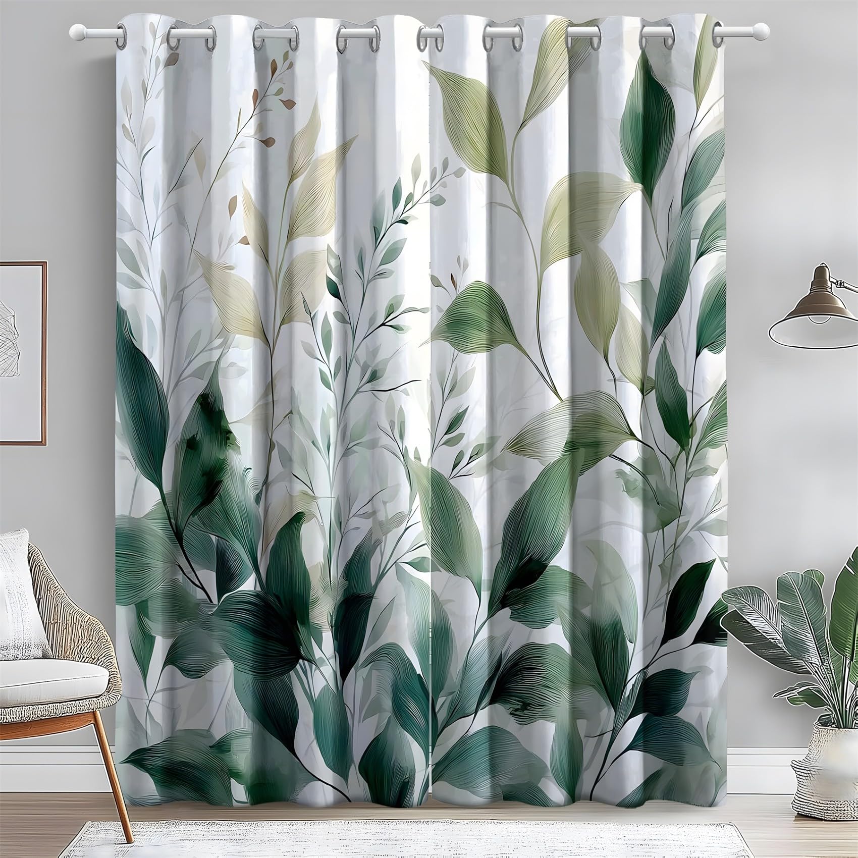 KaiHeBeding Eucalyptus Leaves Blackout Curtains for Bedroom - Greenery & Foliage Living Room Curtains 90x90 Eyelet - Soft Thermal Insulated Patterned Drapes for Windows - 2 Panels