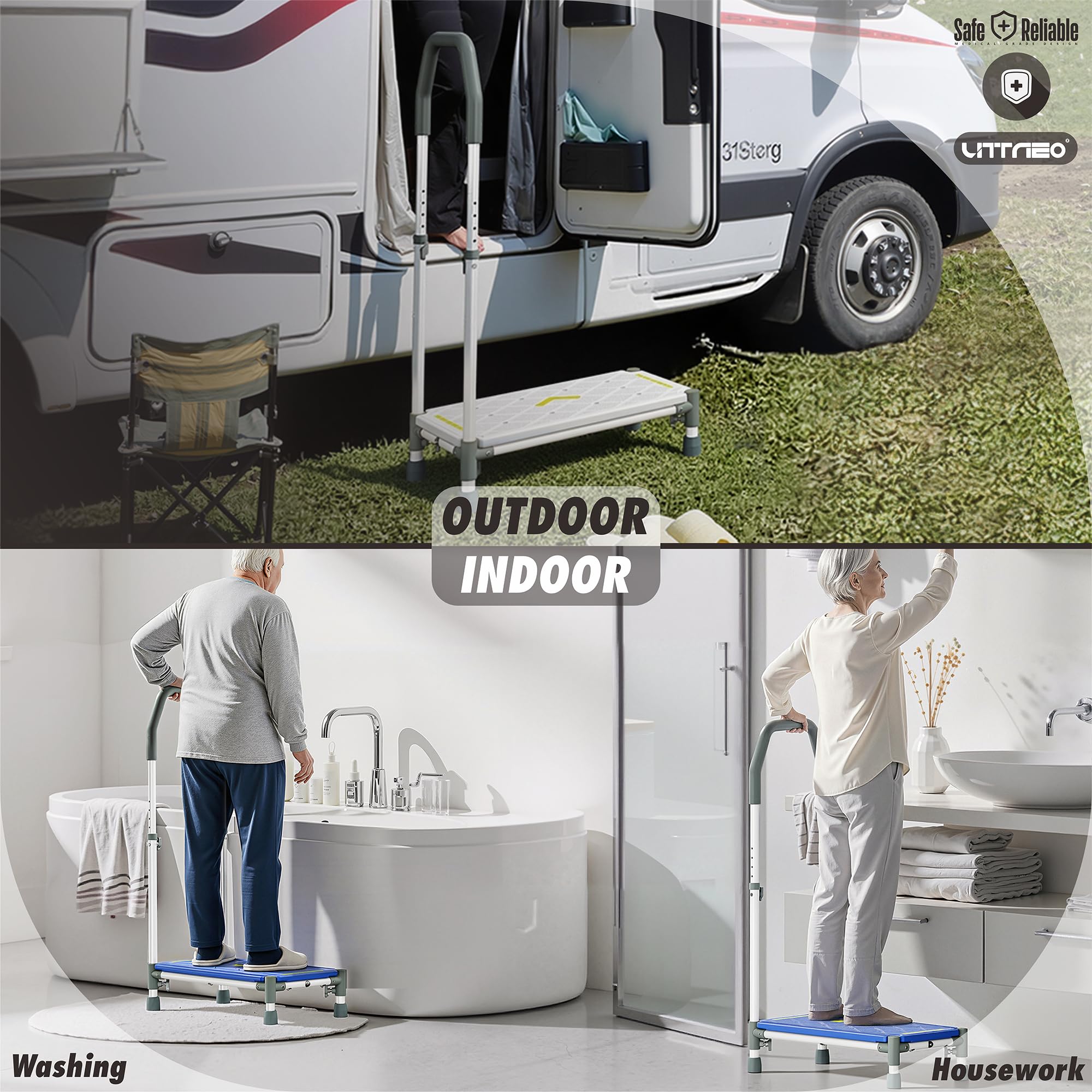 Marchepied avec marche de 55 cm – Accoudoirs réglables en hauteur, charge maximale 225 kg, bandes luminescentes et antidérapantes – Idéal pour lits hauts, camping-car, cuisine, salle de bain