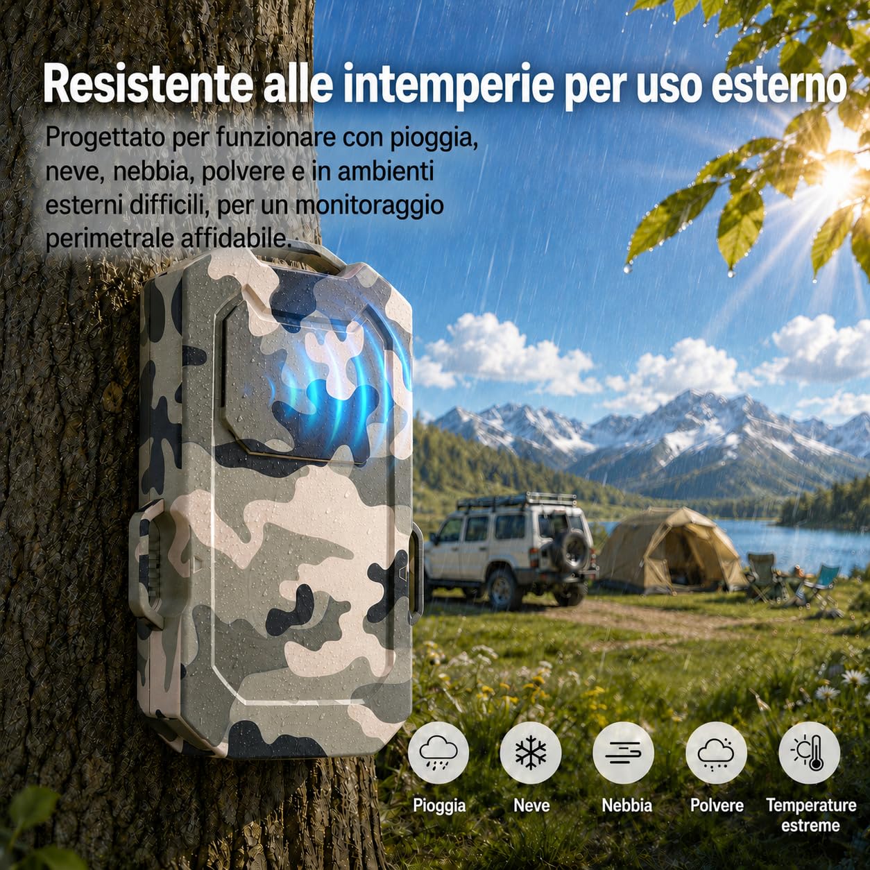 LETWESAF Allarme radar perimetrale per campeggio, portata 800 m, mimetico | Radar da 24 GHz per rilevare i movimenti; portata wireless di 800 m, ricaricabile e IP66 – per campeggio, camper e proprietà.