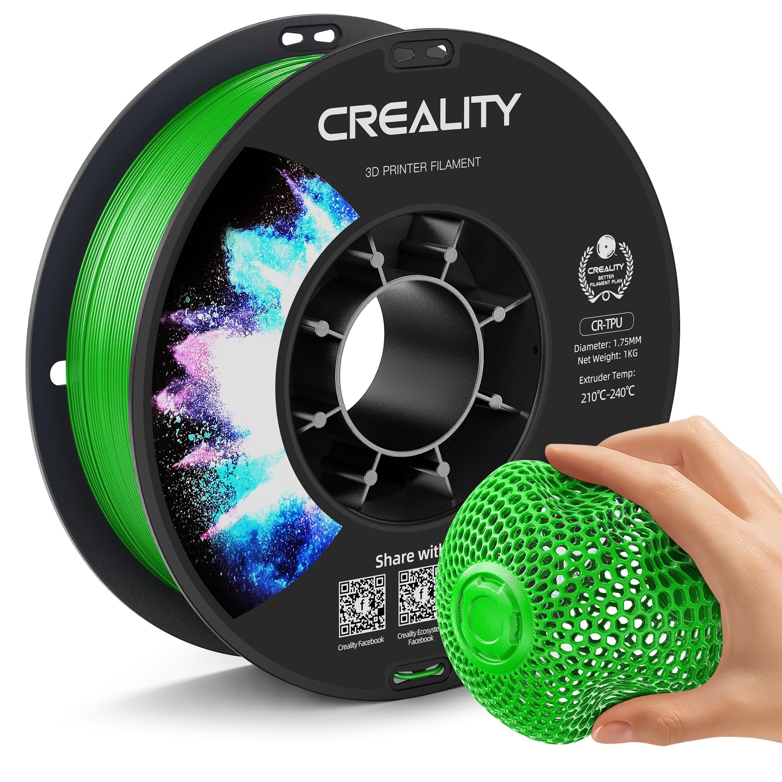 Creality TPU Filament 1.75mm Green, Flexible 3D Printer Filament TPU 95A, 1kg(2.2lbs) Neatly-Wound Spool, Excellent Resilience, Wear-Resistant,