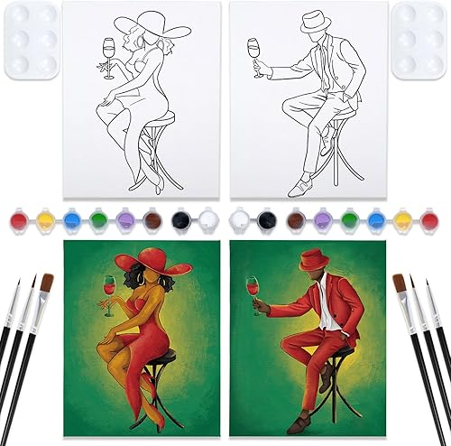 Paquete de 2 lienzos de pintura y sorbos, lienzo predibujado para pintar para adultos, lienzos estirados para parejas, juegos de citas, noche,