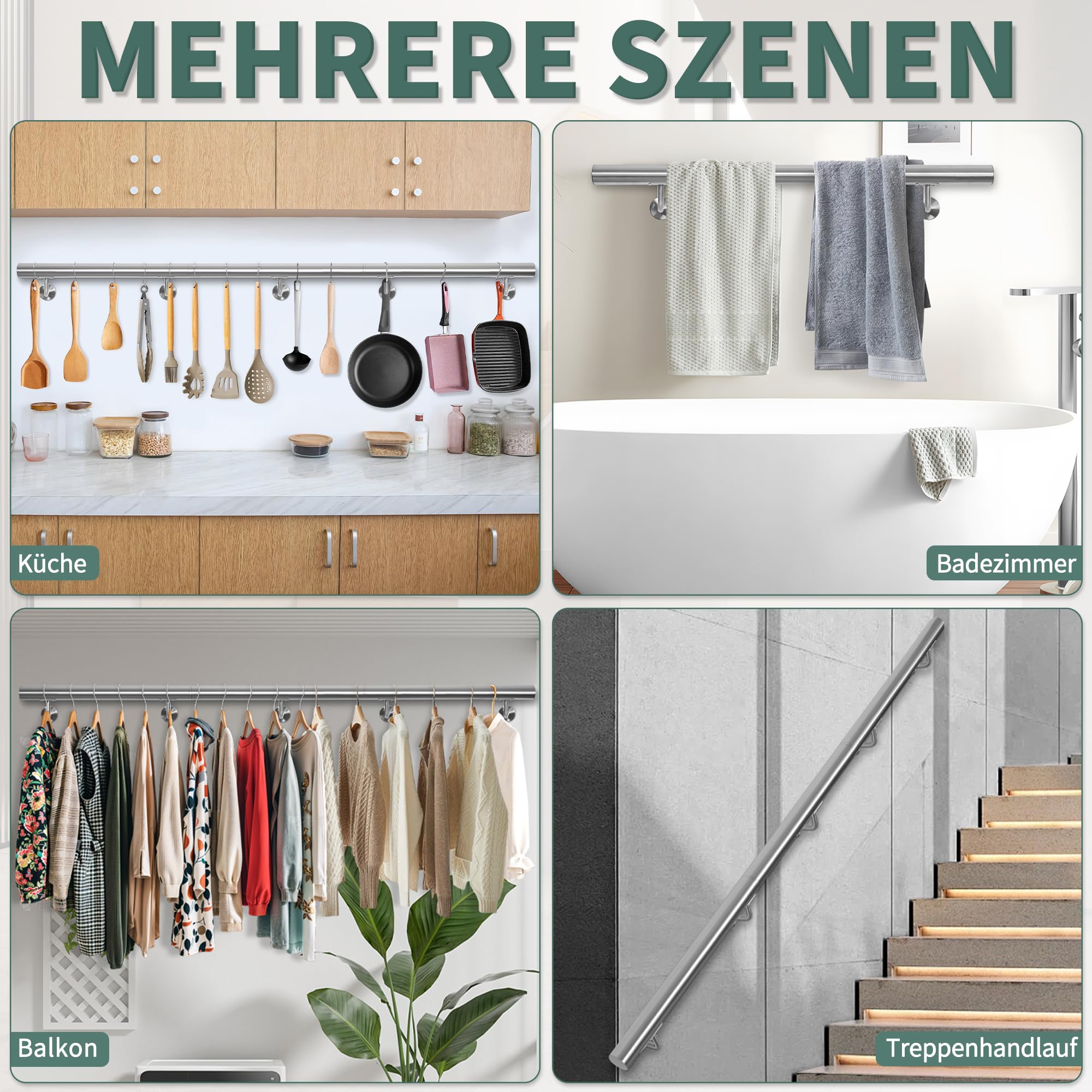 OUUTMEE - Poręcz ze stali nierdzewnej do schodów 300 cm, montowana na ścianie ze wspornikami, Ø 42 mm, poręcz wewnętrzna i zewnętrzna do antresoli, werandy, garażu, tarasu