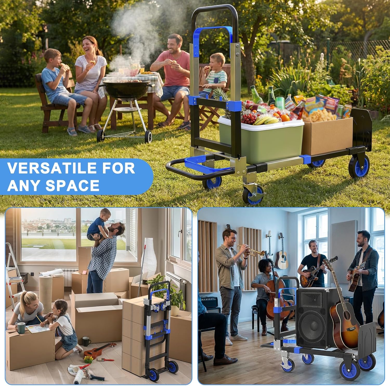 3-in-1 Folding Hand Trucks, 500lbs Convertible Dolly, Dolly Cart with Wheels Heavy Duty, Moving Cart with Retractable Handle, Collapsible Trolley for Moving Office/Home/Warehouse/Boxes/Cartons (Blue)