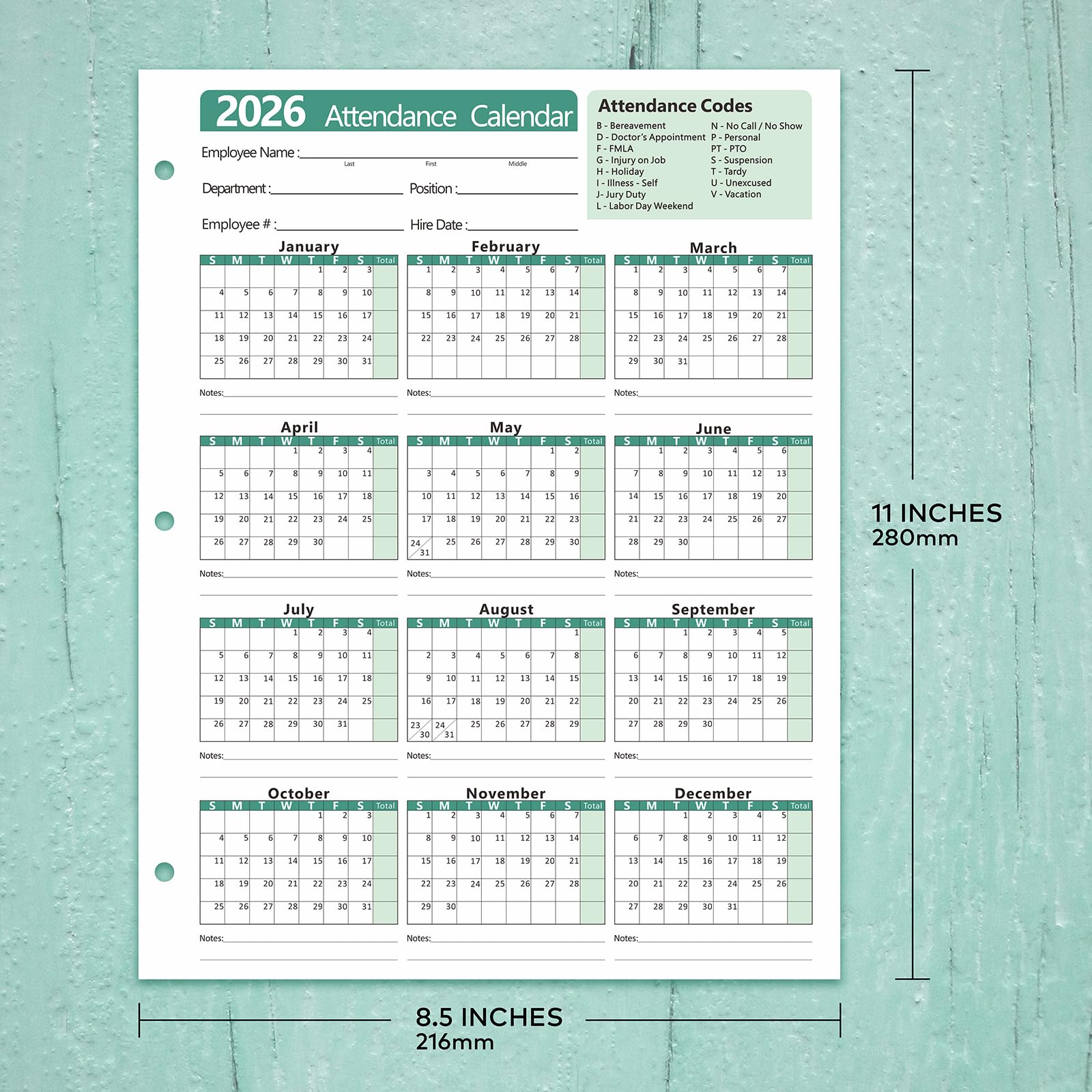 Aazon.co: Tarjeta De Calendario De Asistencia 2025 - Gran Rastreador De Trabajo Diario Para
