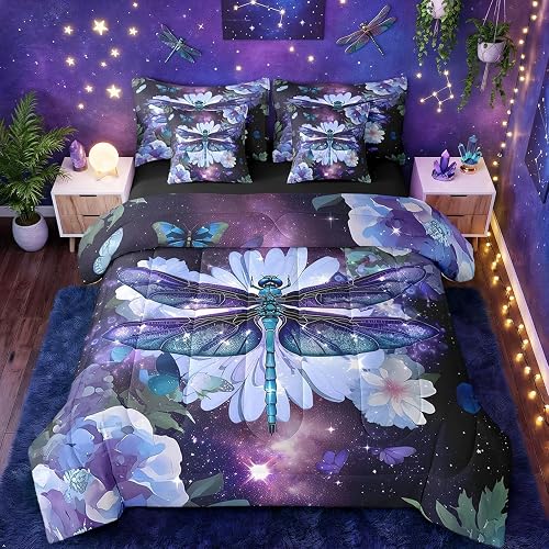 Erosebridal Dragonfly Bed in a Bag 7 Piece,Purple Flowers Bedding Sets Rustic Ae