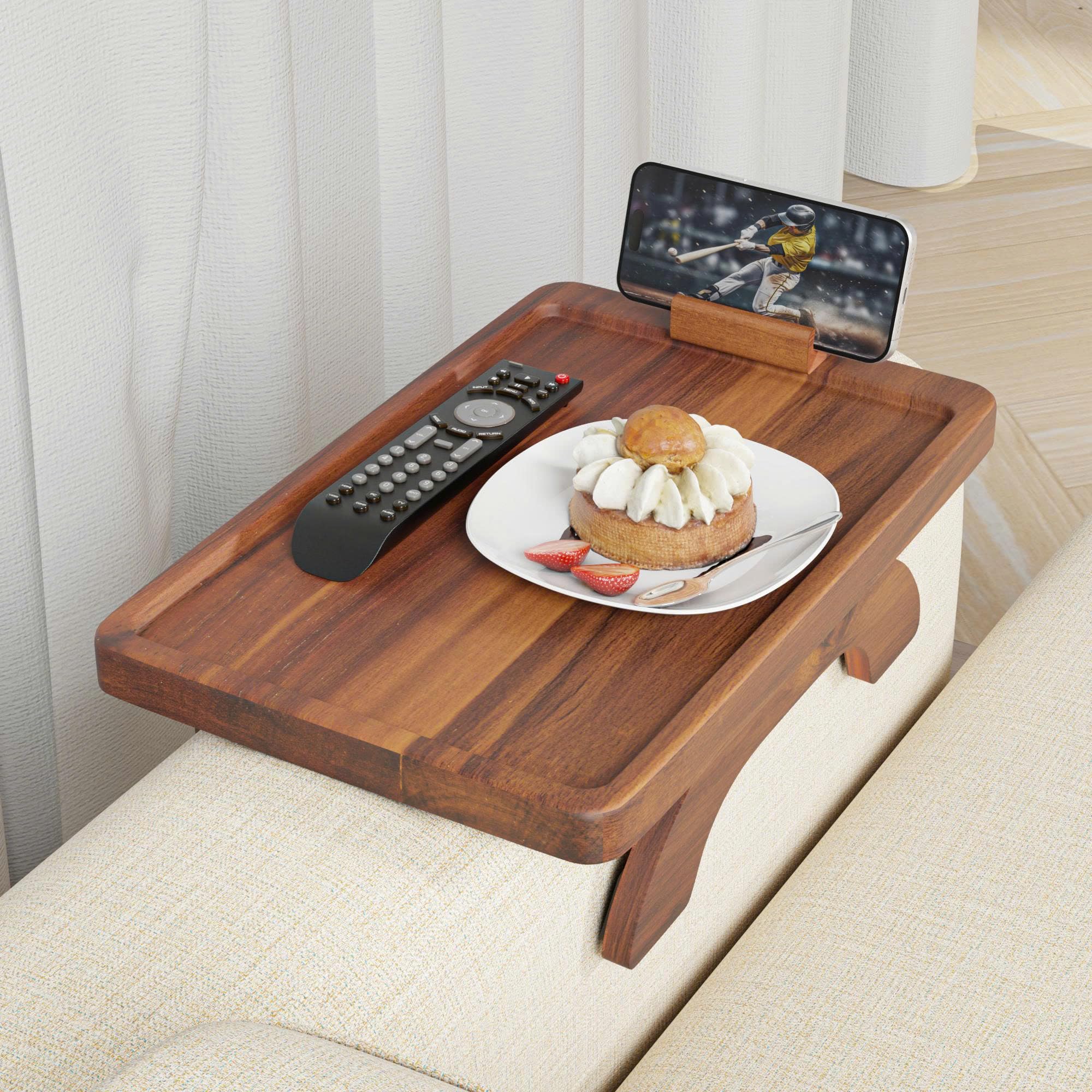 BLUEWEST Sofa Armrest Tray,15.4''x9.8'' Acacia Wood Couch Arm Clip on Tray Table with 360° Rotating Phone Holder –Fits Most Couch Arm Sizes–Non-Slip, Arm Table for TV Dinners, Remote, Drinks & Snacks