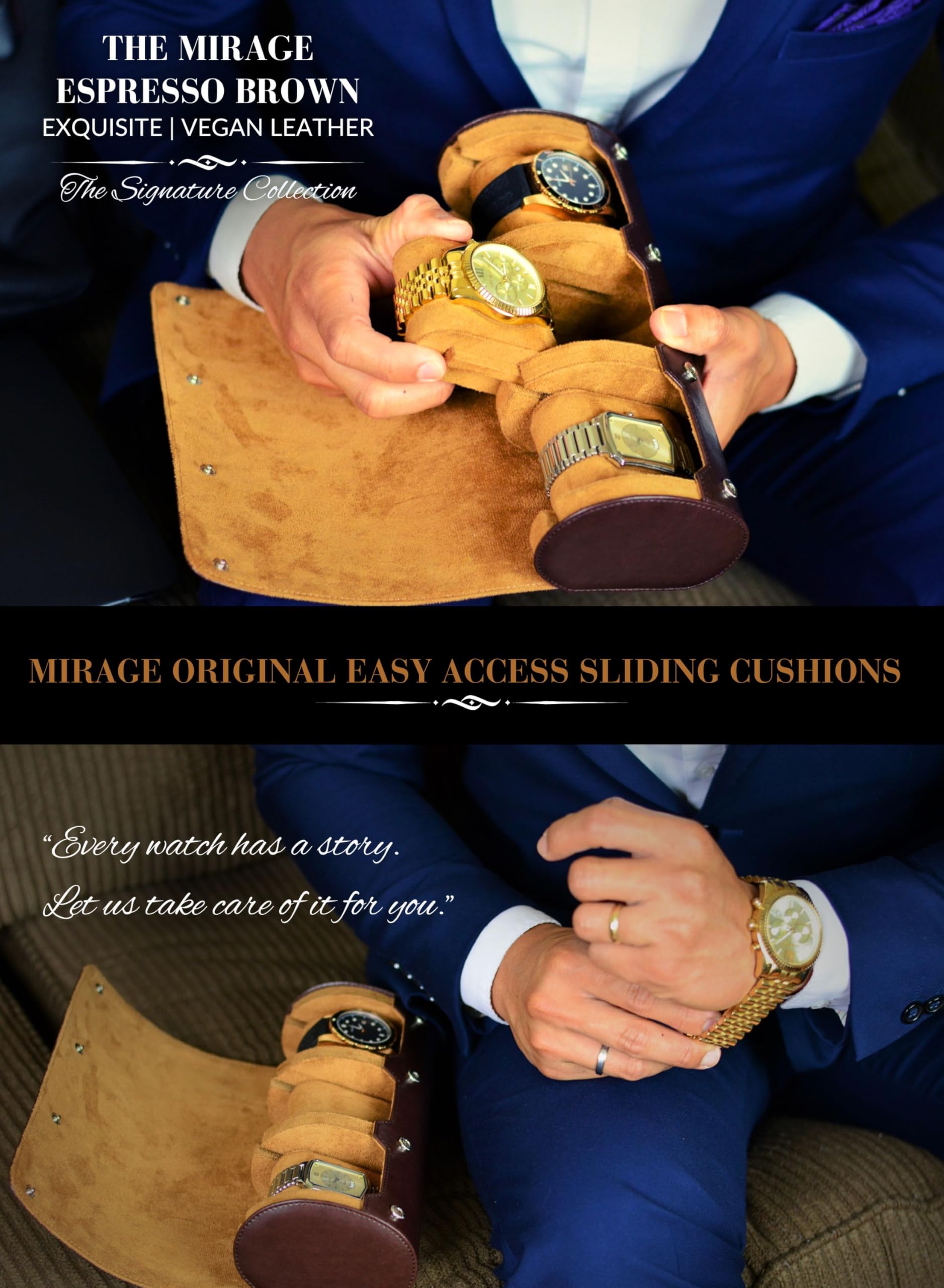 Custodia da viaggio per orologi da uomo, rotolo per orologi, organizer da viaggio ed esposizione, custodia per orologi, motivo svizzero di classe, marrone espresso in pelle vegana