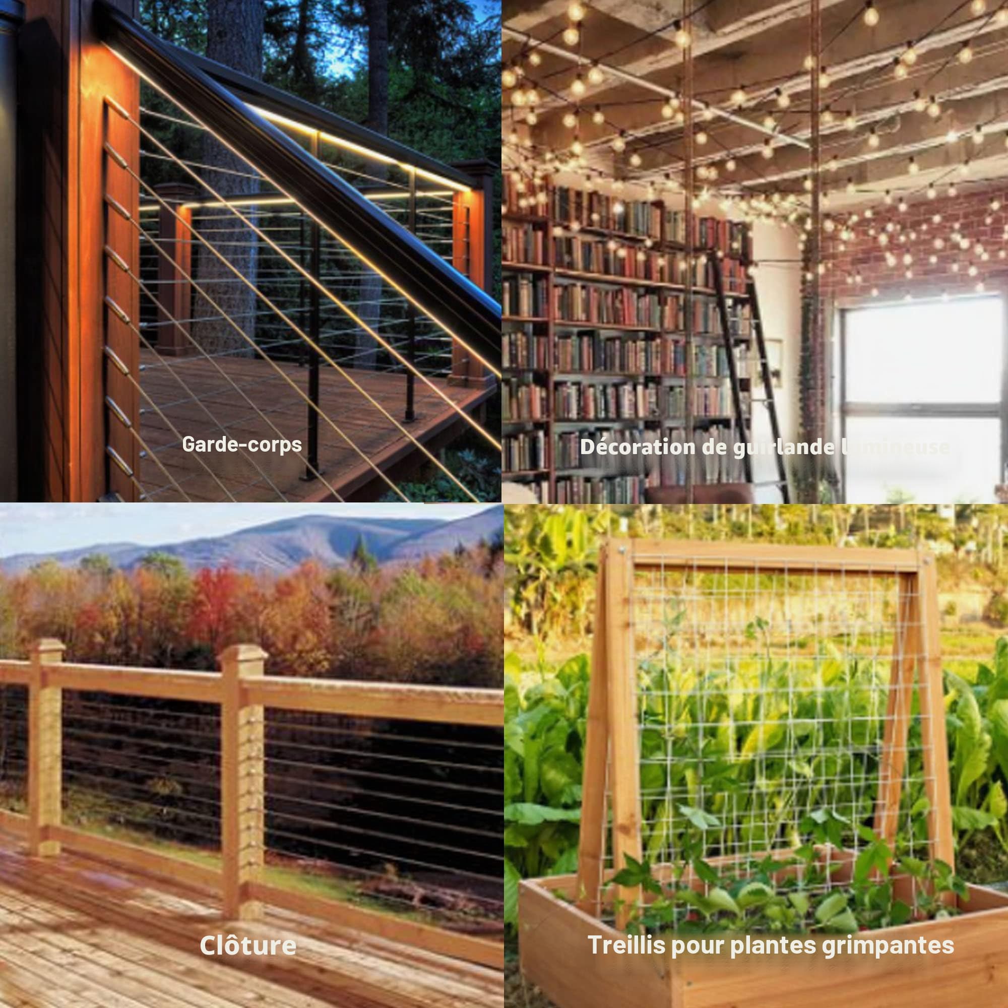 Câble métallique en acier inoxydable de 10 m, 5 mm avec revêtement en PVC, kit de câbles robustes de 7 x 7 brins avec 10 pinces pour jardin, extérieur