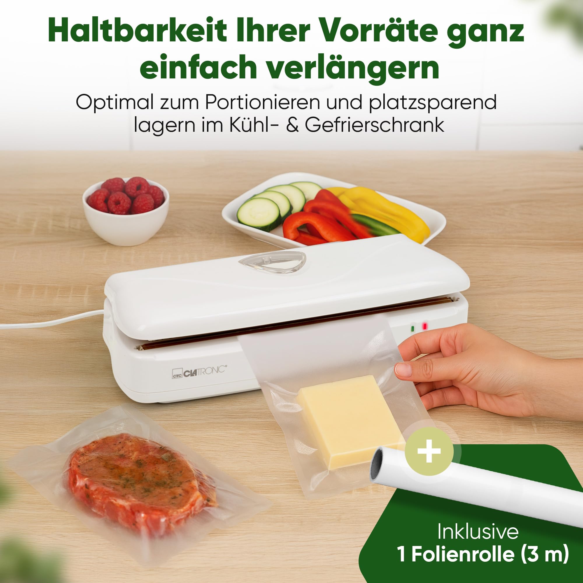 Clatronic zgrzewarka próżniowa; do Sous Vide; elektroniczna regulacja mocy; okienko do przechowywania folii; z 1 x folią próżniową; biała