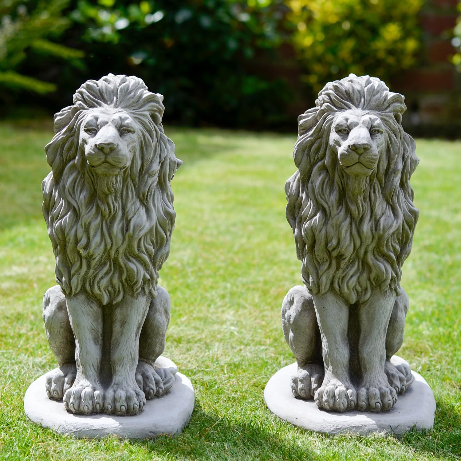 ONEFOLD Stone Two Sitting Lions Ornament Outdoor Garden Sculpture Pillar Caps