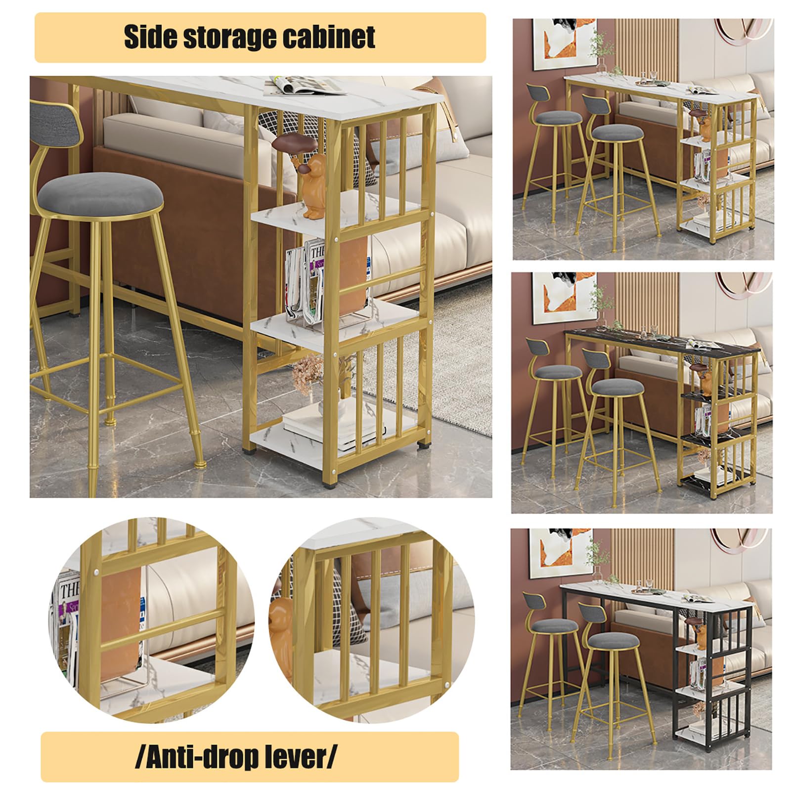 Table de bar pour 2 à 4 personnes, table haute de cuisine avec 3 étagères de rangement, dessus facile à nettoyer, pieds robustes pour petits espaces et appartements