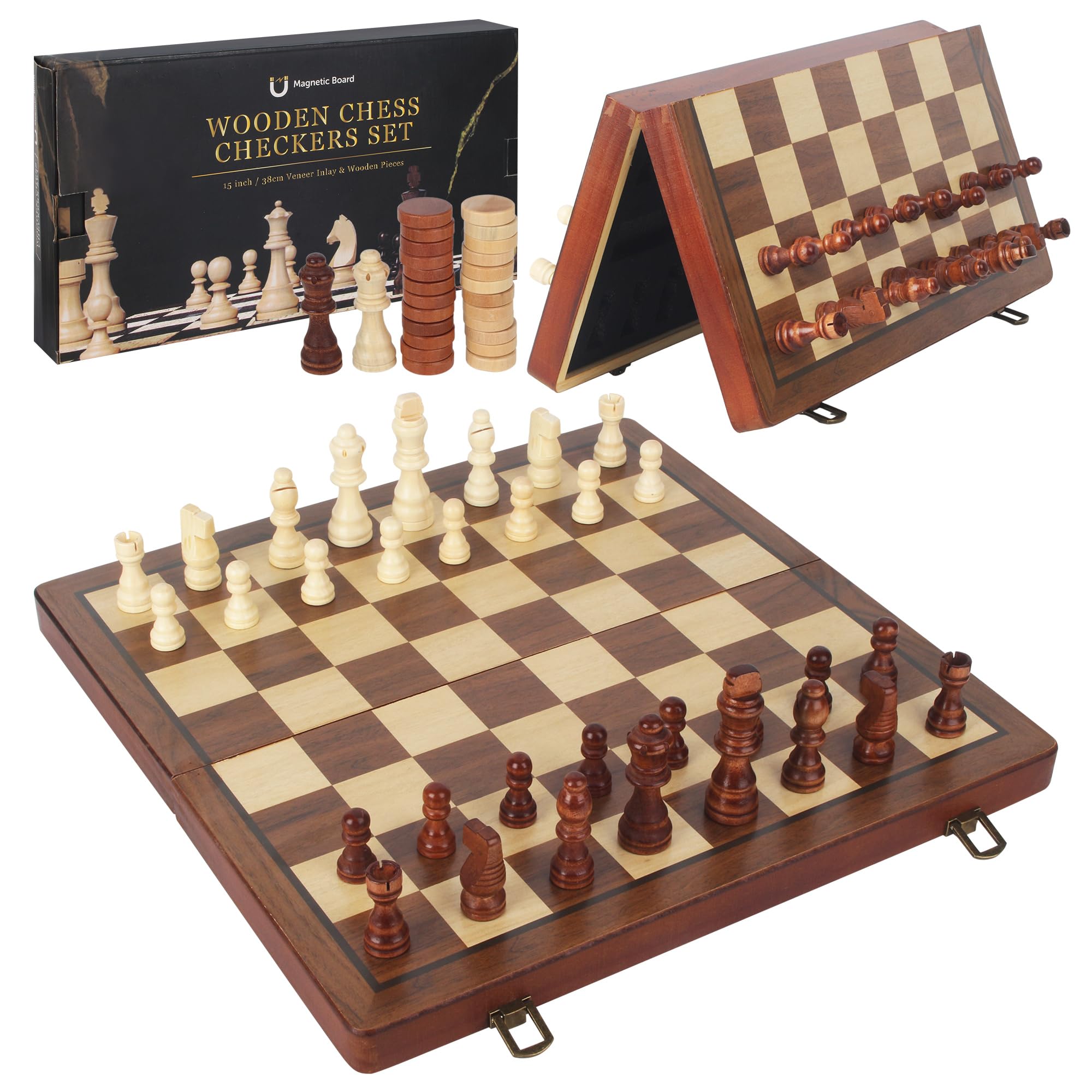 Scacchiera in Legno di Noce 2 in 1 39x39 cm, Scacchiera Magnetica Professionale Pieghevole Portatile con 2 Regine Extra, Scacchi in Legno per Bambini e Adulti Viaggi e Feste