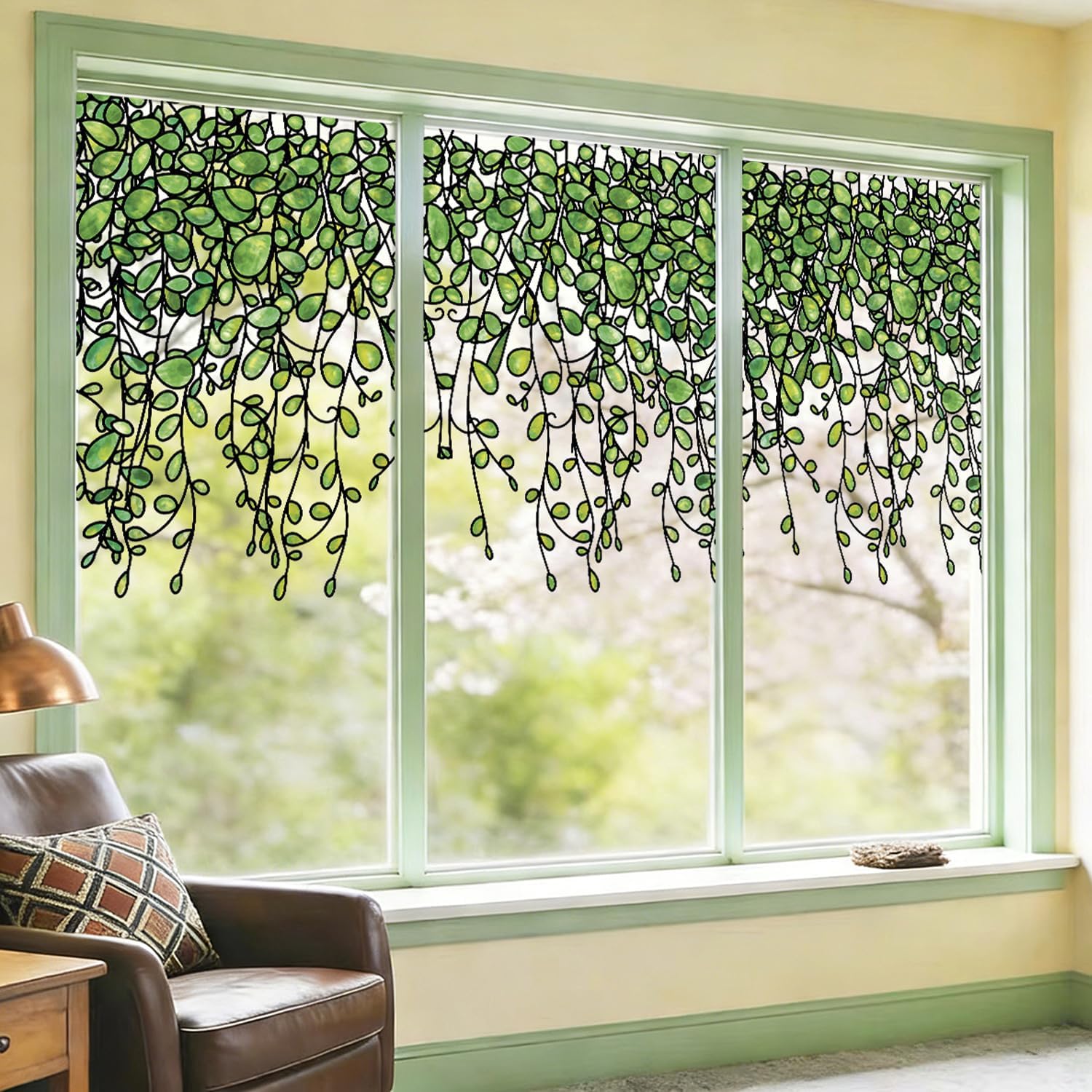 44×15.8in Green Stained Glass Window Film, Double Sided Decorative Window Cling Resuable Non-Adhesive for Home Office Door
