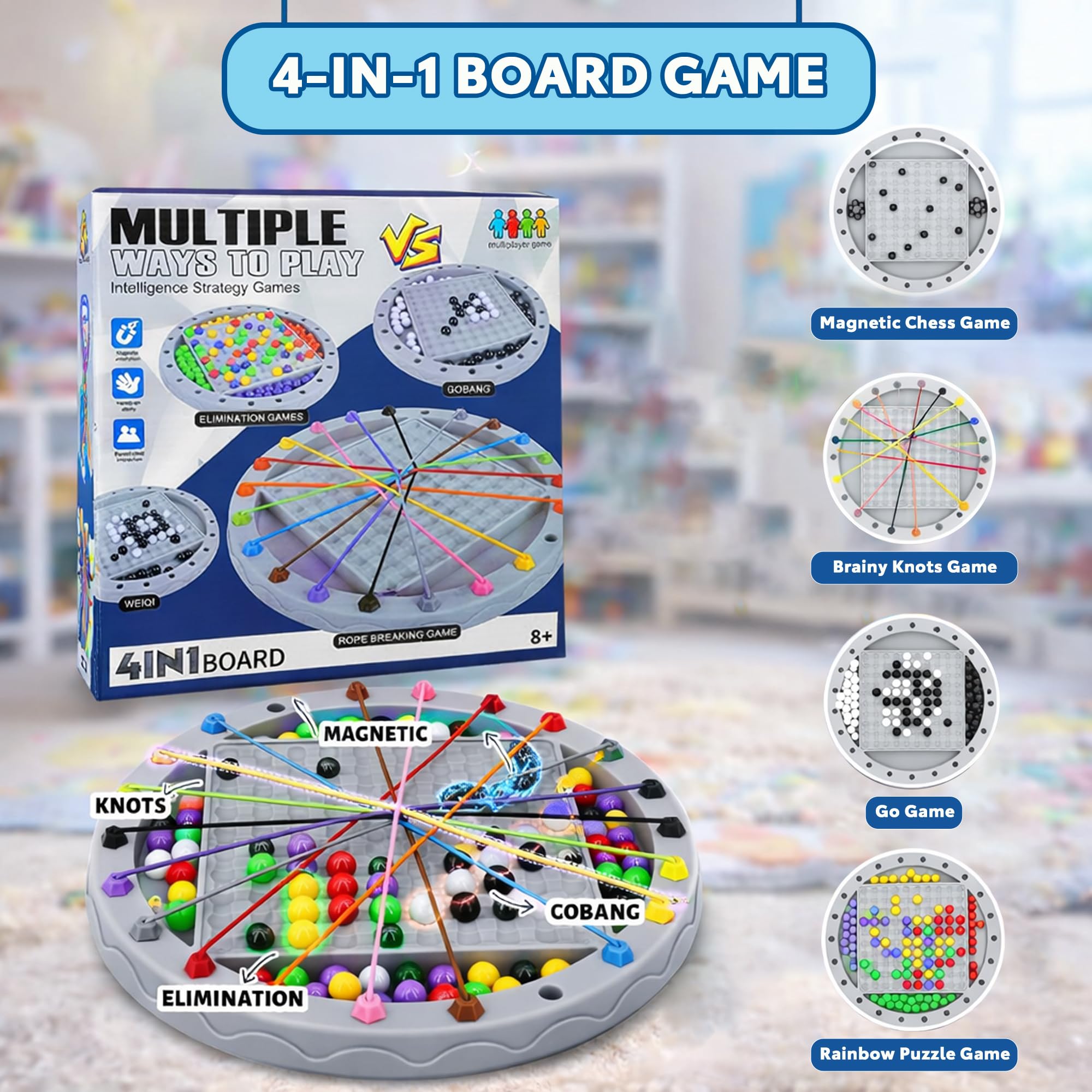 Buy 4-in-1 Strategy Board Game Set for Kids & Adults | Marble Puzzle, Rubber Band Game, Magnetic Chess & Logic Board | Family & Travel Game with Storage Bag Online at Low
