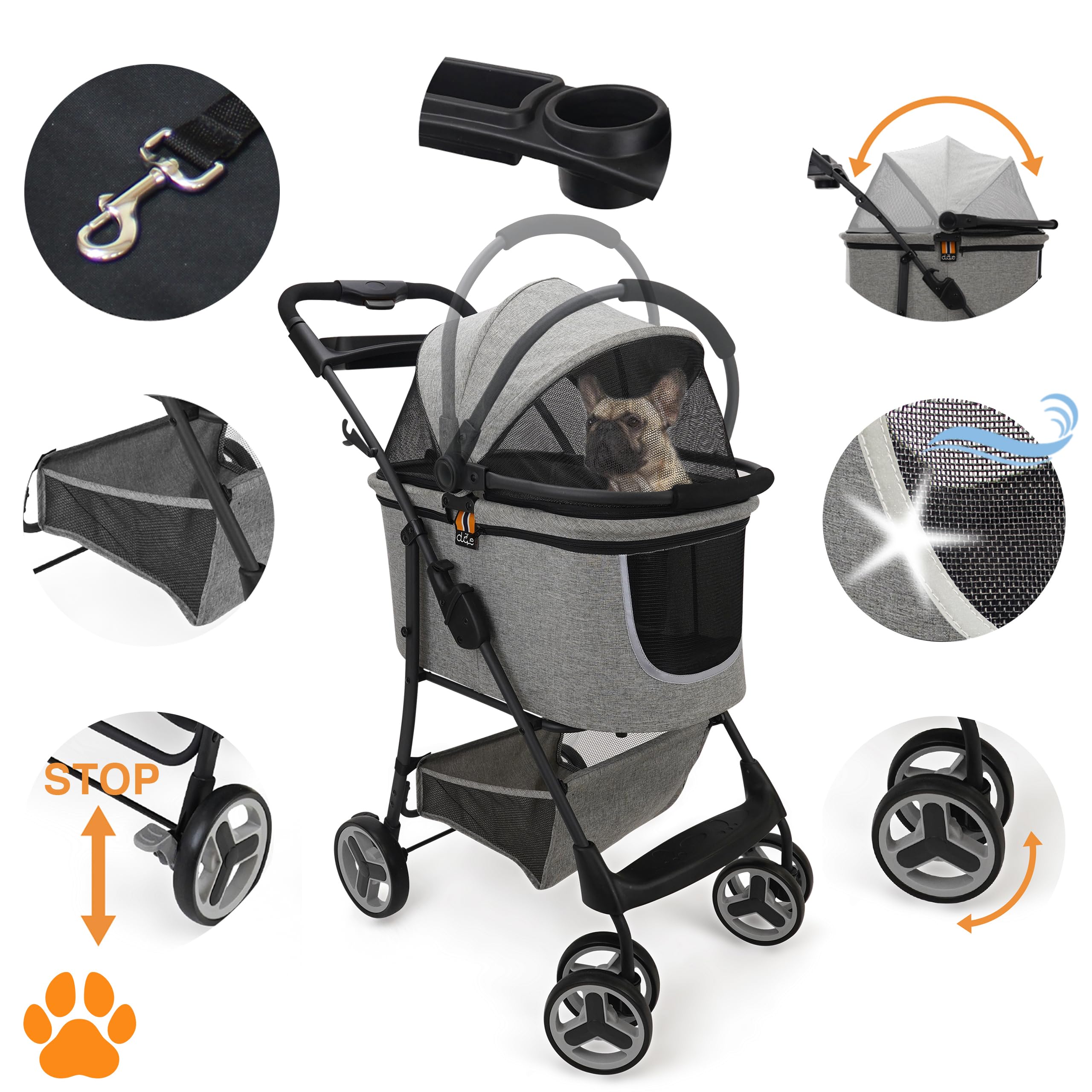 Mod. CECE 2 in 1 - Passeggino per animali, con cestino per spesa o accessori, pieghevole con una mano, utilizzabile col telaio della carrozzina o staccabile come trasportino, grigio melange