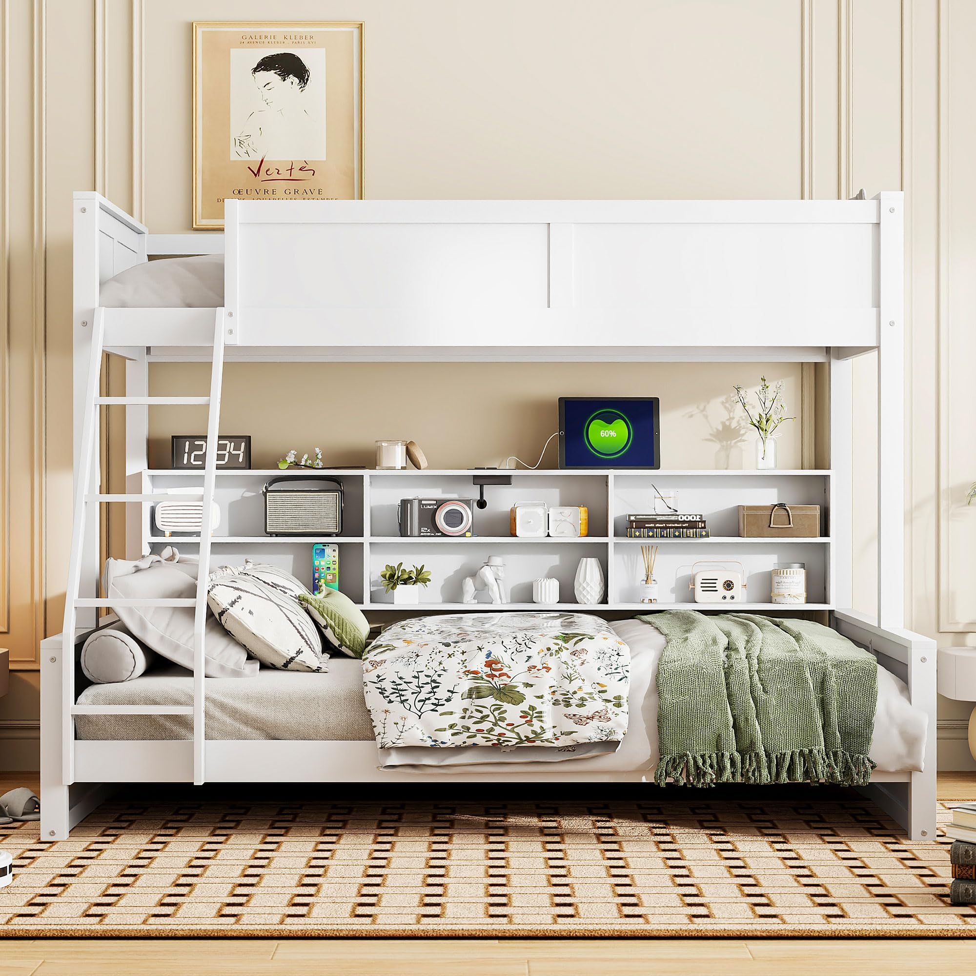 Wood Bunk Bed Twin XL Over Queen Size with Built-in Storage Cabinets and USB Ports, Versatile Bunk Bed Frame with Ladder and Guardrail for Kids Teens Adult, Maximize Space (White-T-Q)