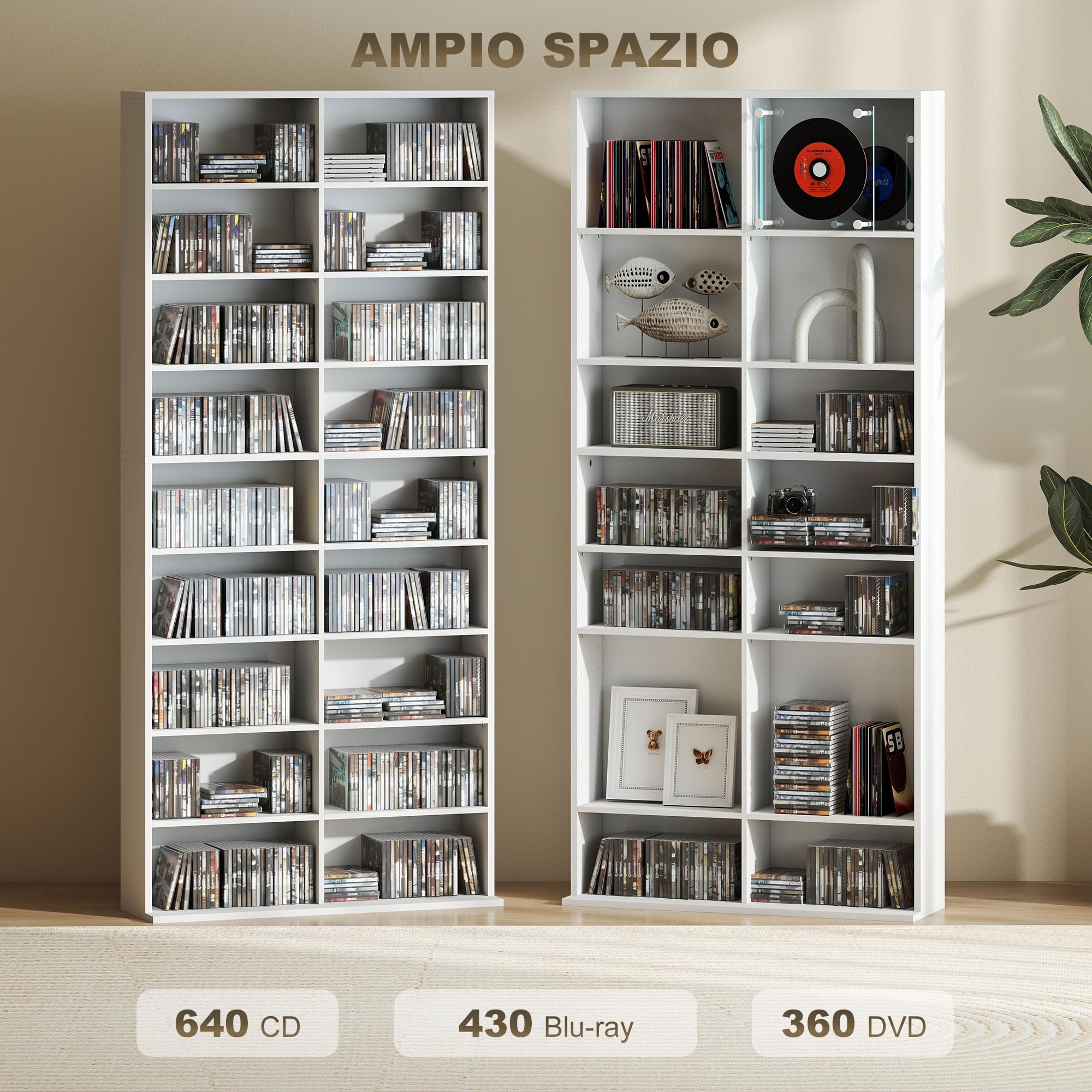 HOMCOM Mobile Porta CD con 14 Ripiani Regolabili, Scaffale Porta 640 CD/360 DVD/430 Blu-ray Salvaspazio, Mobile Portacd con 18 Scomparti, per Soggiorno, Camera da Letto, Ufficio, 78.5x24x175cm, Bianco