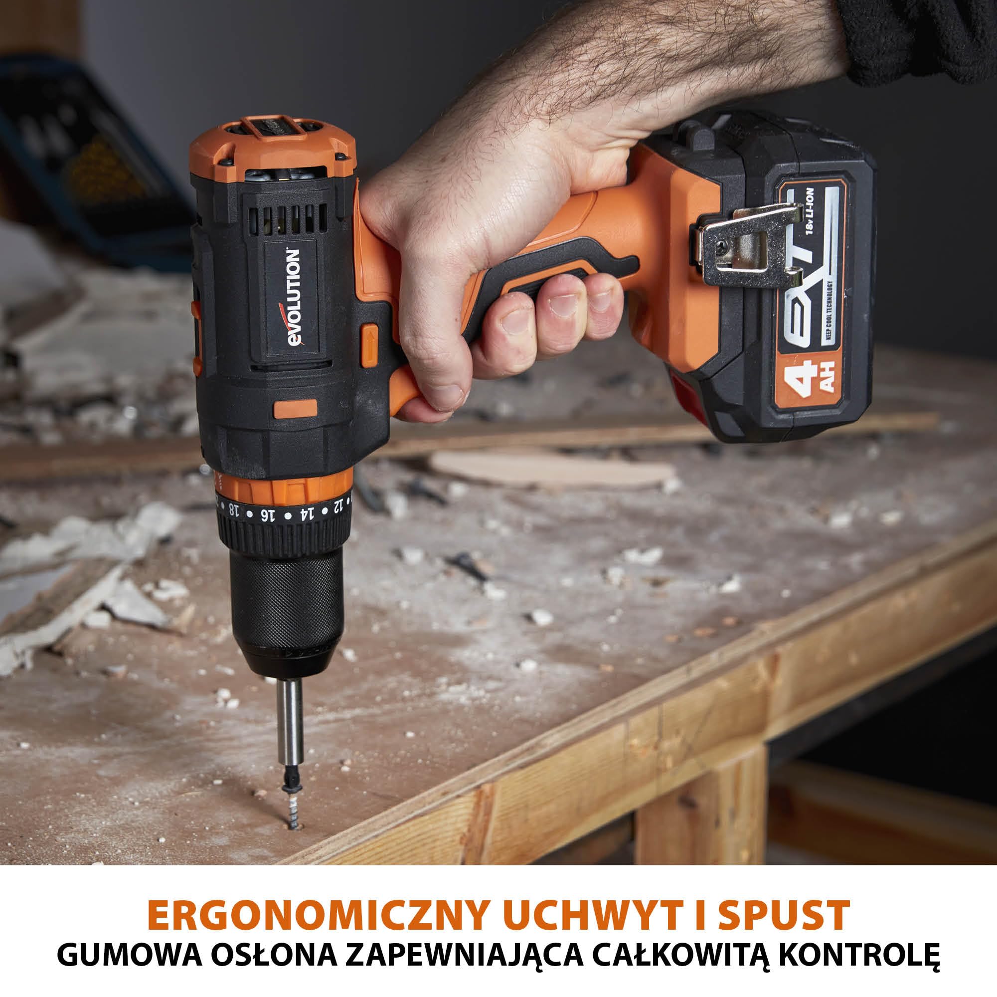 Evolution Power Tools Bezprzewodowa wiertarko-wkrętarka kombi R13CMB-Li ze zmienną prędkością i zaczepem do paska, kompatybilna z Erbauer 18v EXT, Bateria i ładowarka w zestawie