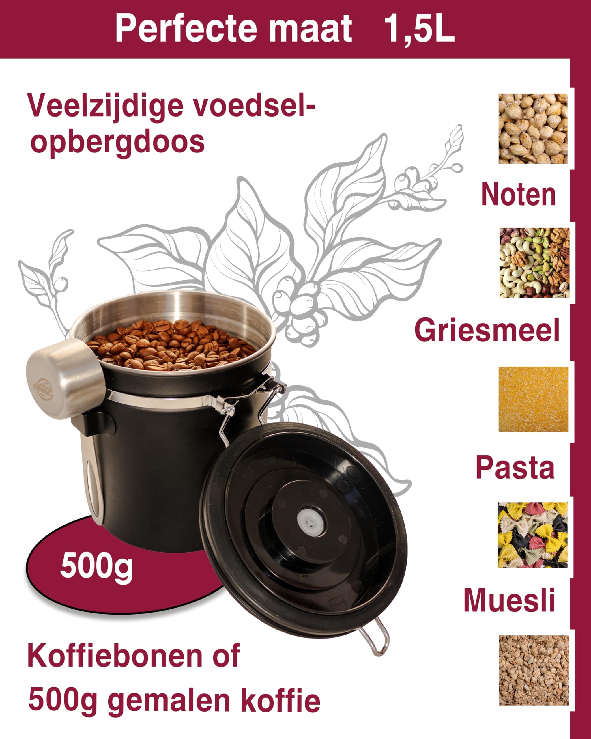 Pro@Home43® - Luchtdicht RVS Koffieblik 500g - Zilver - 1,5L Koffiebonen Bewaarblik van Roestvrij Staal met Kalenderfunctie en Doseerlepel, in Geschenkverpakking