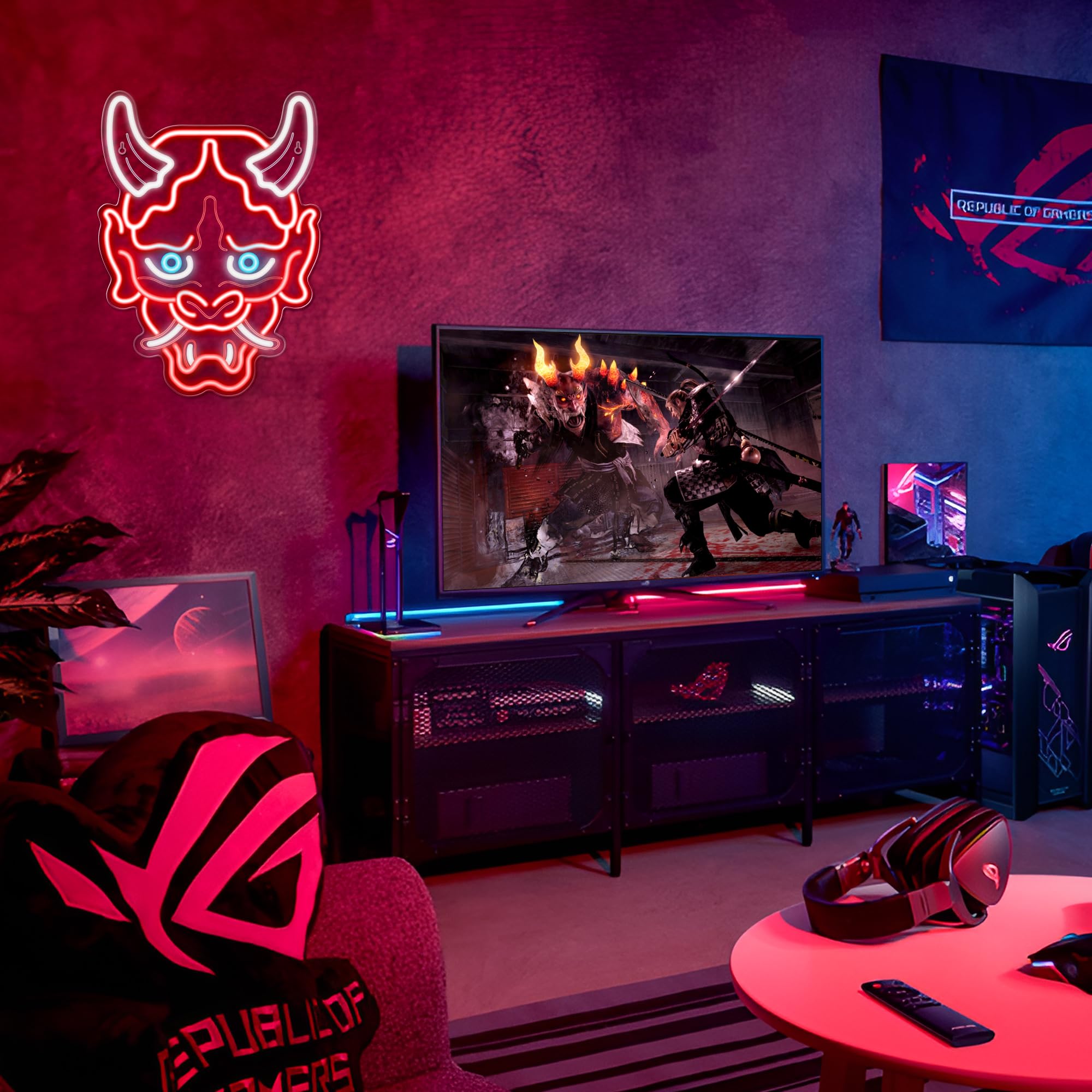 Kavaas Insegna al neon con maschera Hannya, insegna al neon giapponese anime per stanza dei videogiochi, bar, decorazione per studio tatuaggi, luce al neon a LED per camera da letto ragazzi