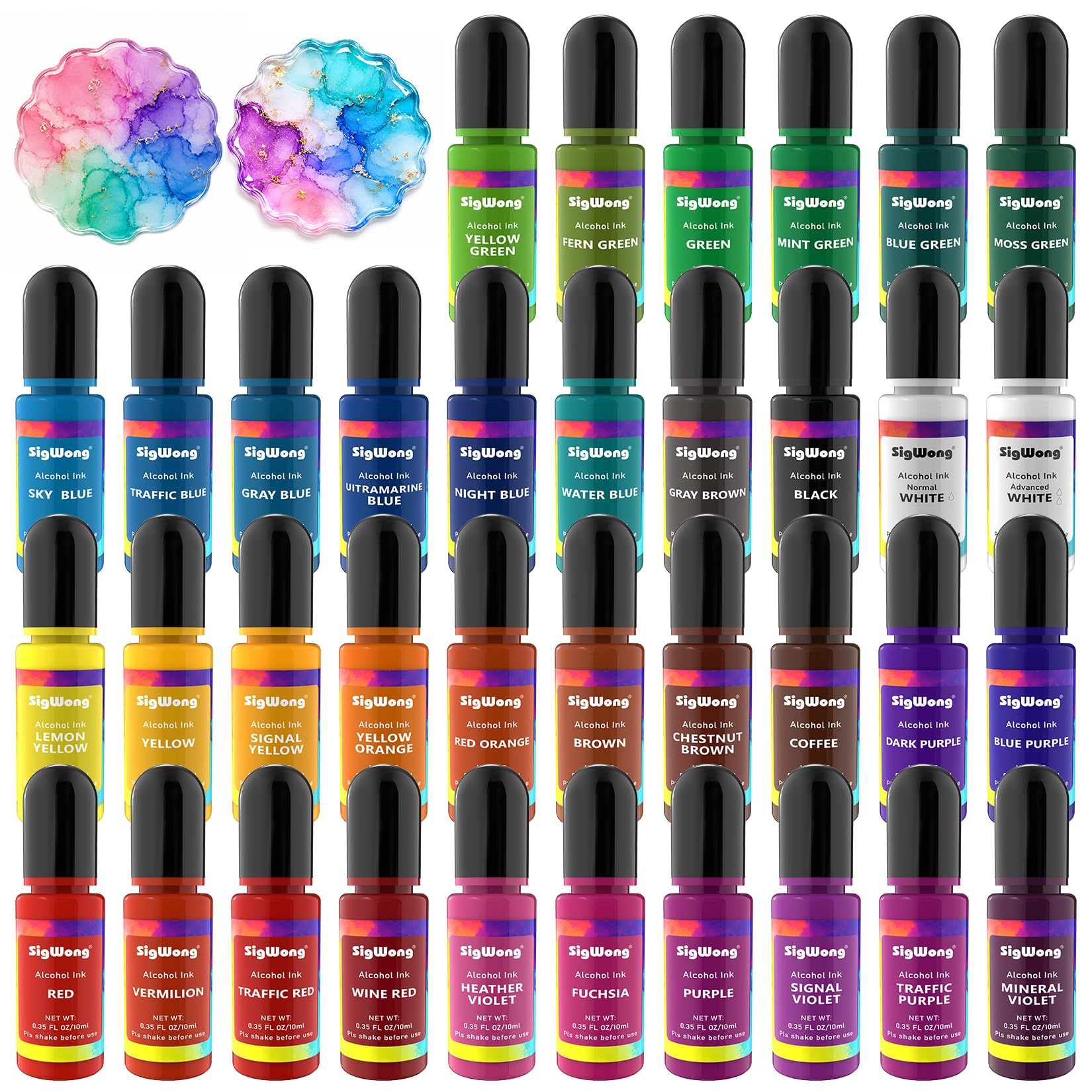 Lot de 36 flacons d'encre à base d'alcool aux couleurs vives, haute concentration à base d'alcool, teinture de couleur pour résine époxy, idéal pour la boîte de Pétri, les sous-verres, la peinture, la