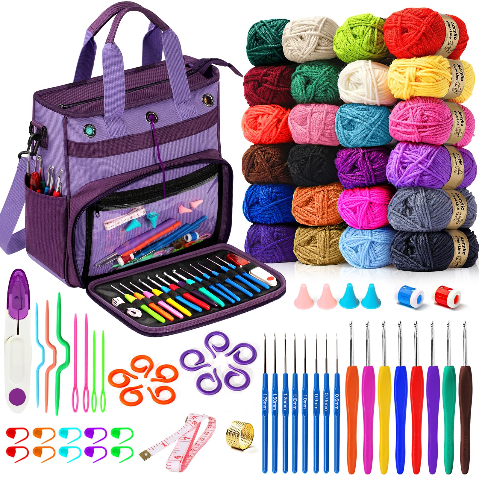 Spardar 74 pcs Crochet Kit, Crochet Kits for Beginners with Large Storage Bag,20 Pcs Crochet Yarn, 16 Pcs Crochet Hooks, Crochet Accessories for Adults, Elderly and Kids (Dark Purple&Blue)