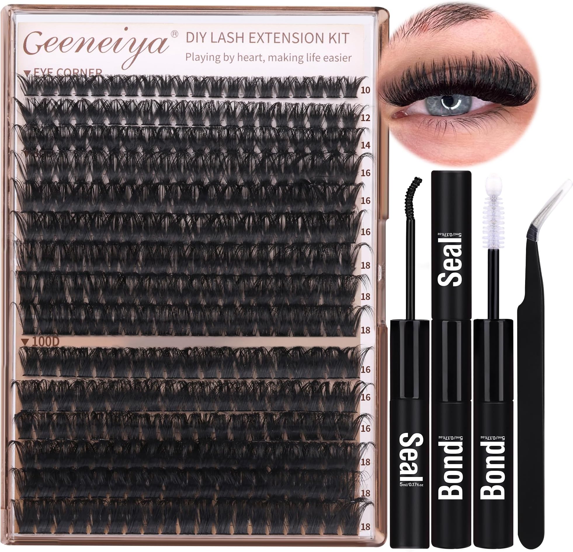 Geeneiya Volume Lash Clusters Kit DIY Lash Extension Kit D Eyelash Extensions with Lash Bond and Seal Tweezers,10-14mm Eye Corner Eyelashes and 16-18MM Cluster Lashes 300Pcs