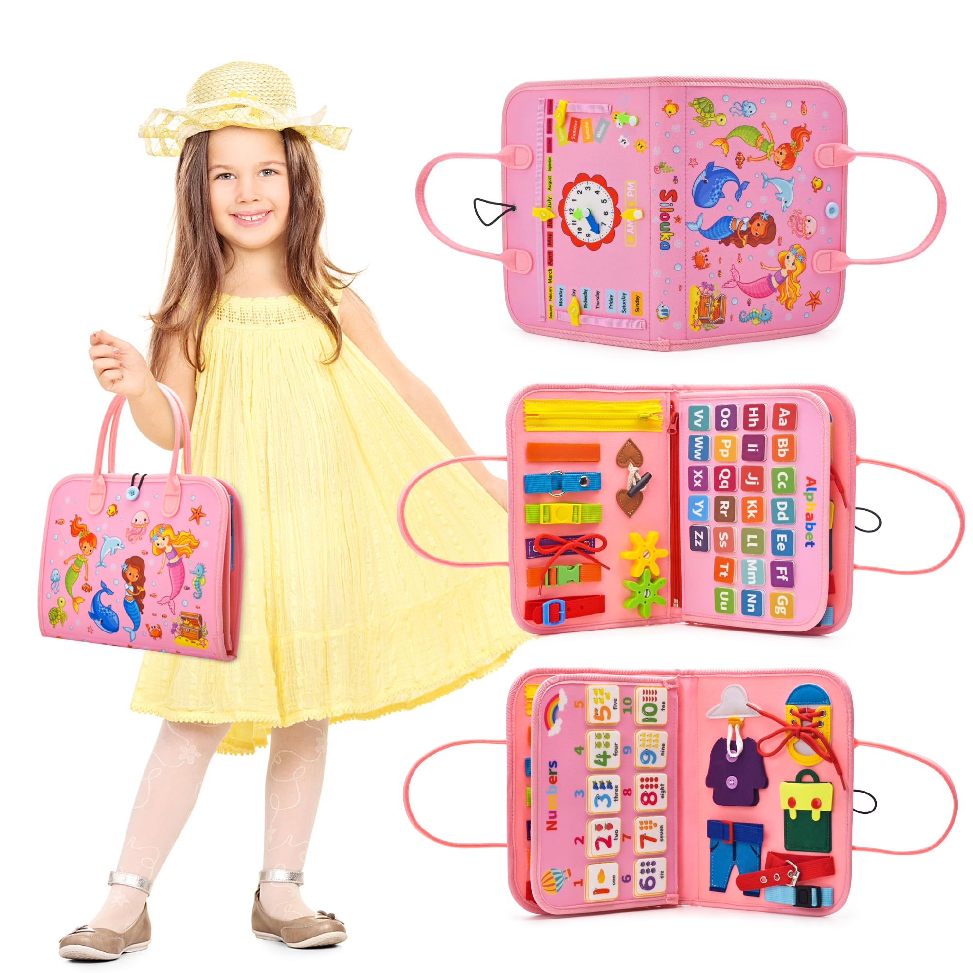 Preschool Learning Board for Toddlers 2-4, Montessori Busy Books for 1-4 Years, Sensory Busy Board for Travel Gift (Mermaid)