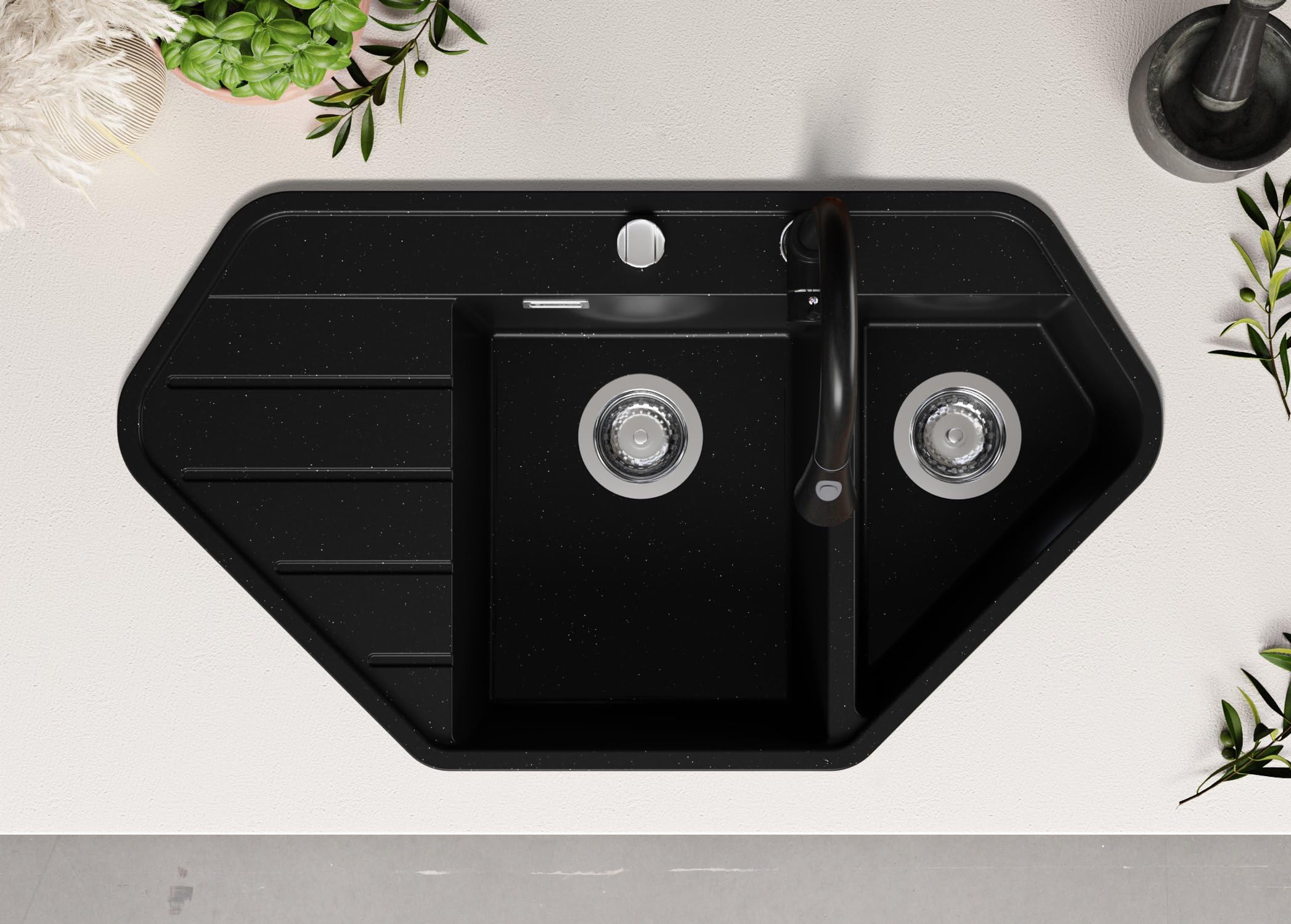 PRIMAGRAN Spülbecken Schwarz Metallic - Kopenhagen, 90x50cm | Granitspüle 1,5 Becken + Ablauf-Set, Küchenspüle ab 70er Unterschrank (S004)