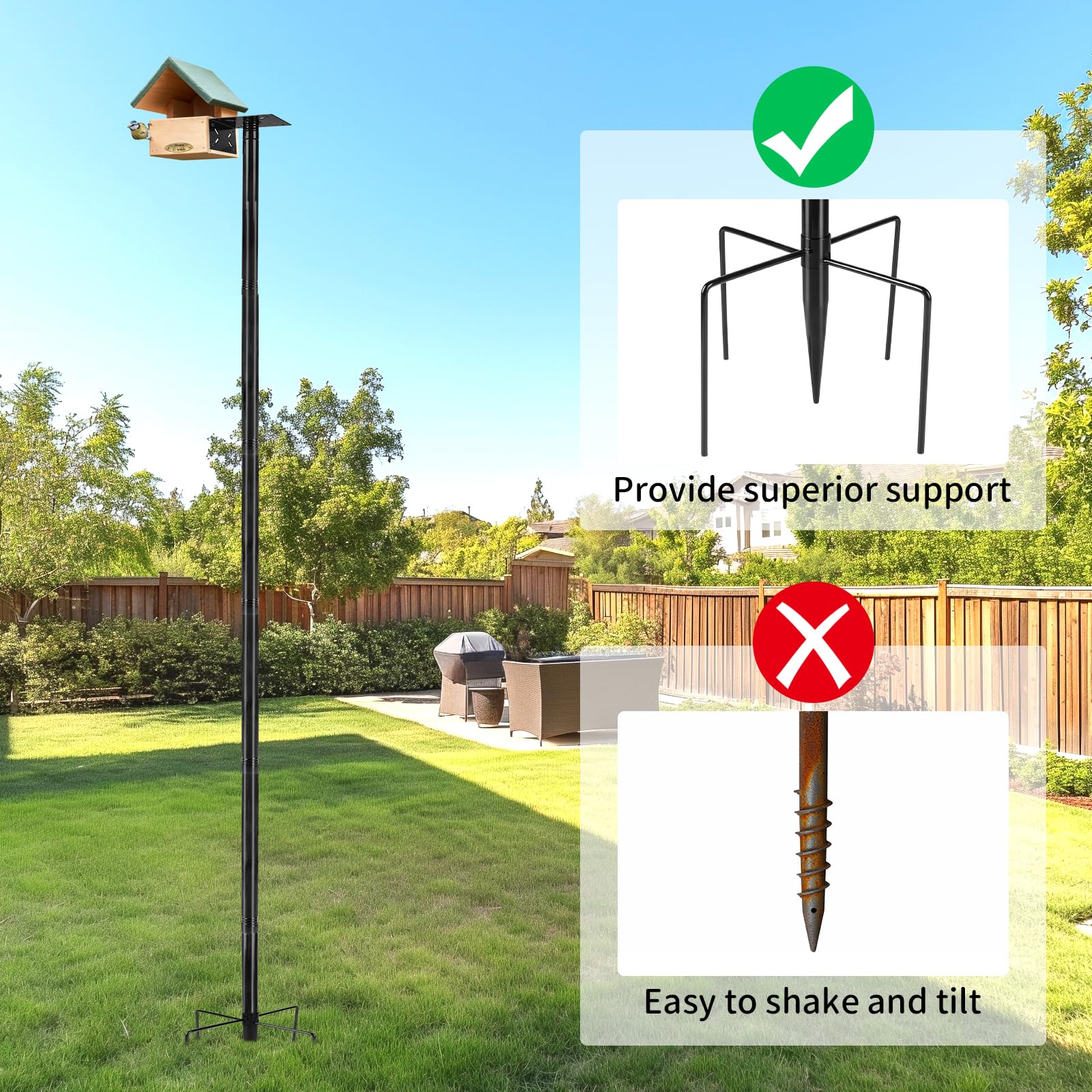 1 Pièce Support réglable pour nichoir, Hauteur ajustable jusqu'à 220 cm Ensemble universel pour jardin avec base à 5 branches pour mangeoires, stations météo, Noir (sans nichoir et vis)