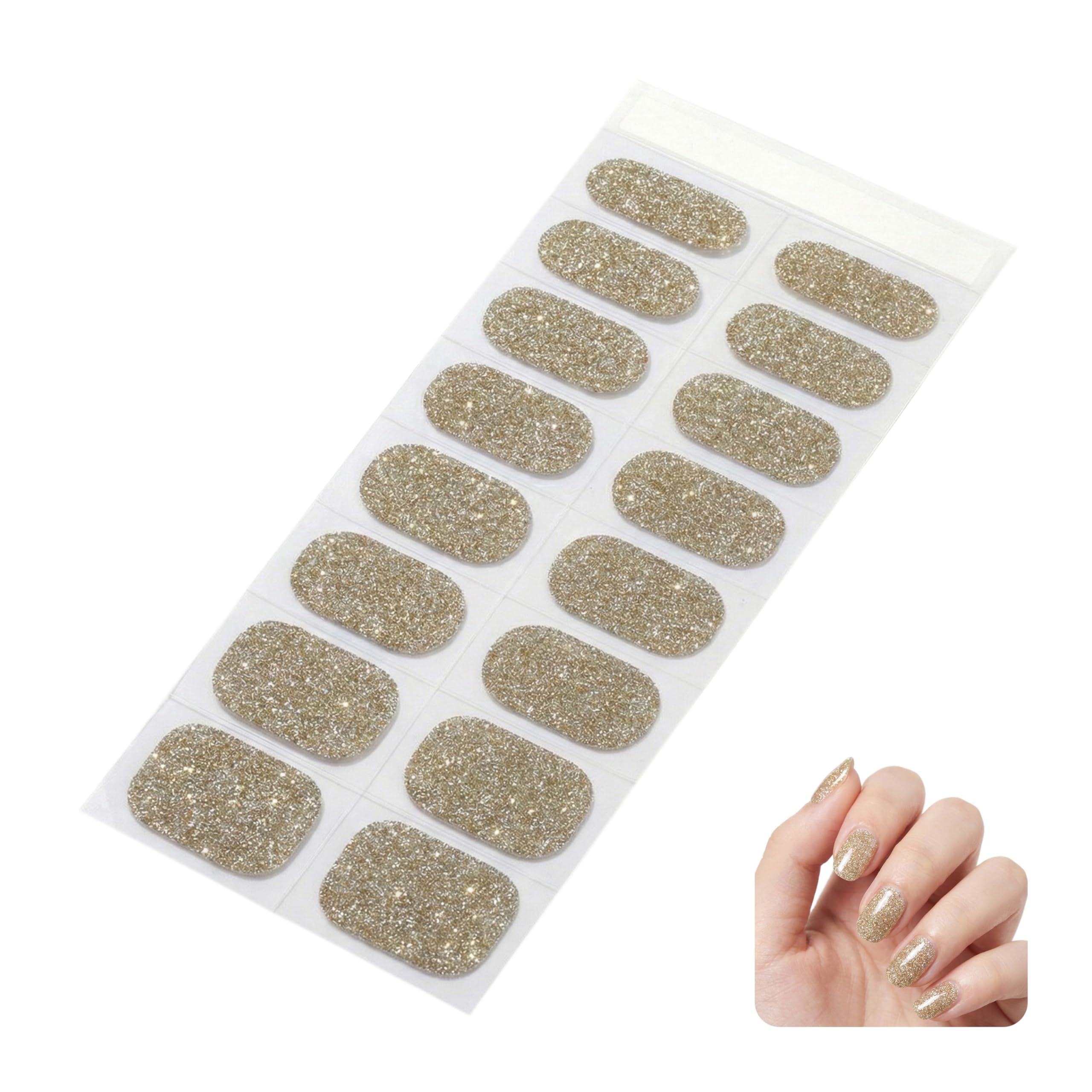 Sun&Beam Nails Semi Cured Gel Nail Strips Gold Glitter Real Polish Wraps UV Lamp Required Long Lasting DIY Manicure Kit 16 Stickers (#003 Champagne Stardust)