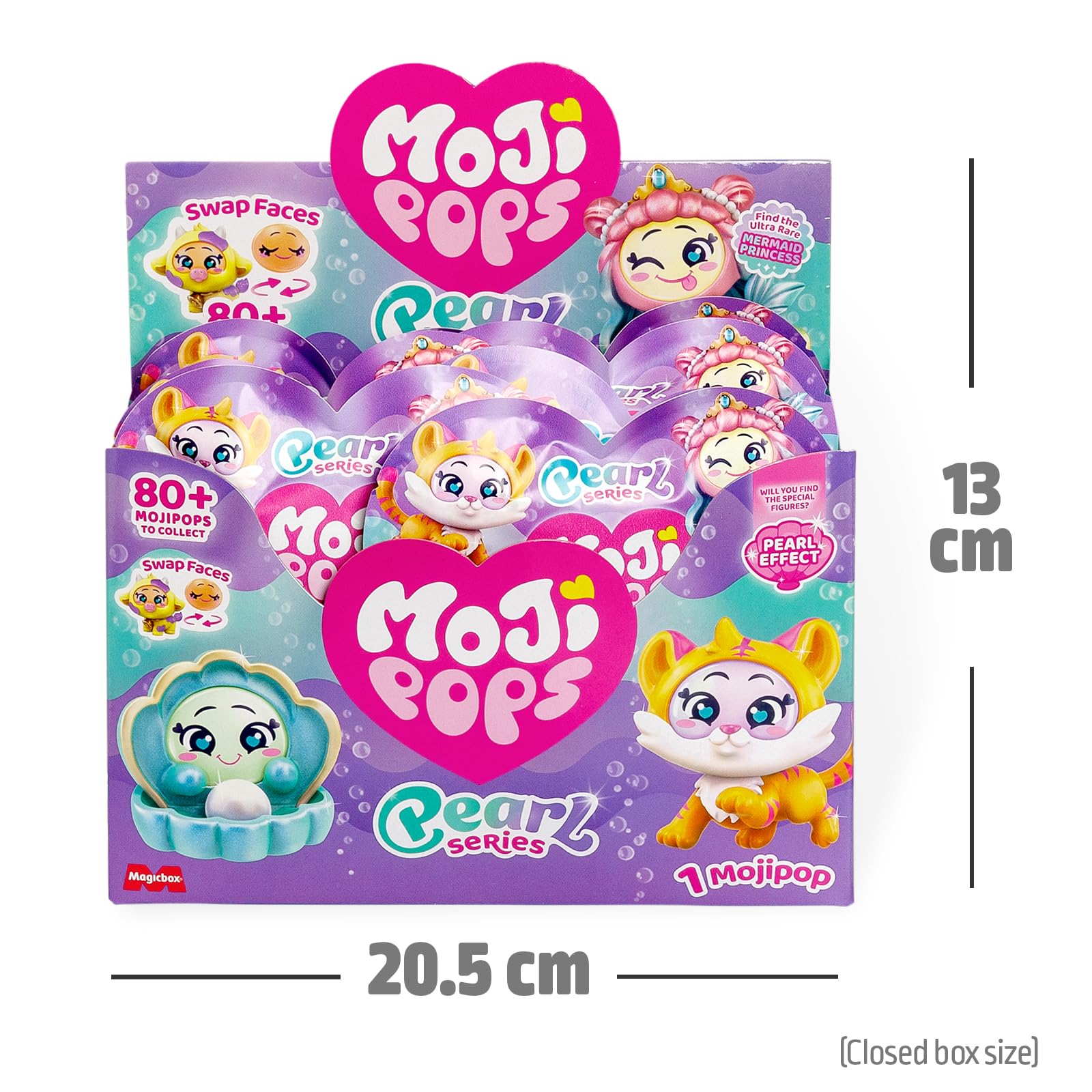 MOJI POPS Pearl Series - One Pack. Pudełko z 24 kopertami niespodzianek z figurkami kolekcjonerskimi z dwustronnymi buźkami. Każda koperta zawiera 1 niespodziankę Mojipop i 1 listę kontrolną
