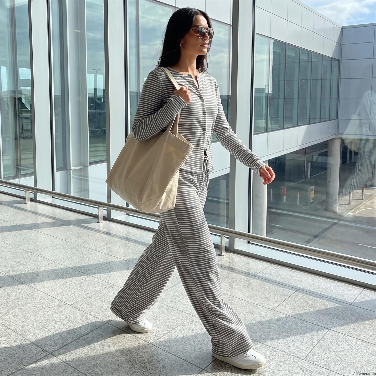 Generisch Zweiteiliges gestreiftes Loungewear-Set für Damen mit Knopfleiste
