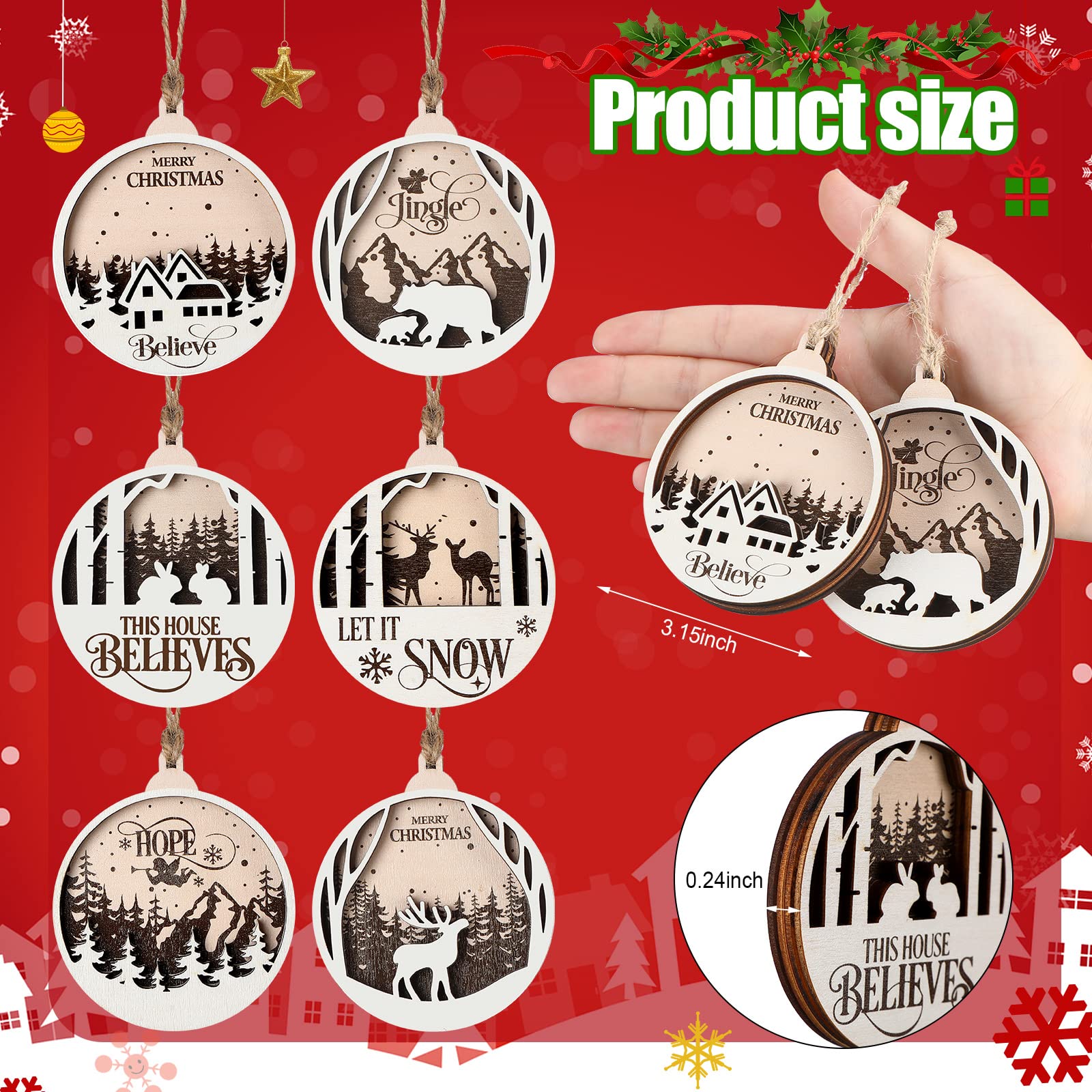 Amazon.com: Jetec 6 Pcs Christmas Ornaments for Tree Wooden