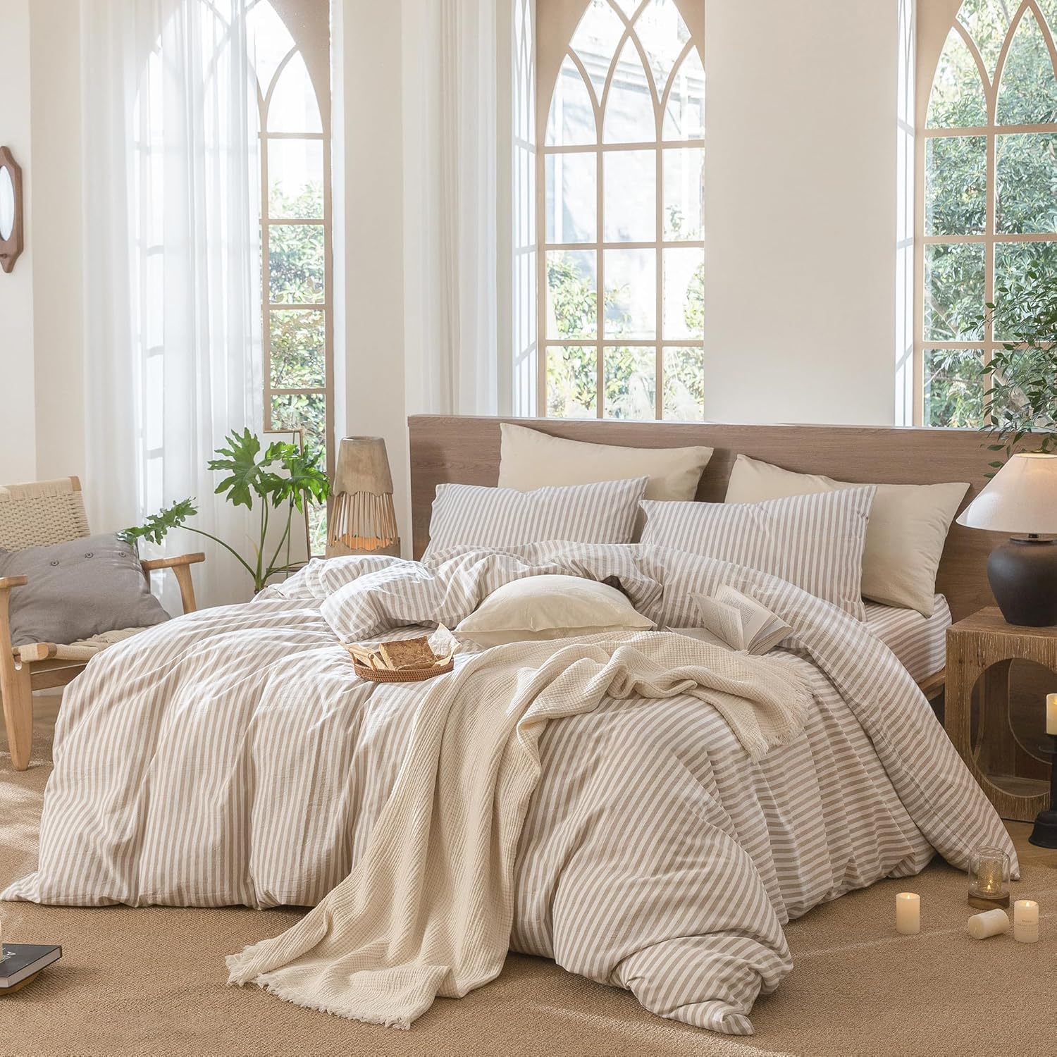 Lanqinglv Bettwäsche 220x240 Baumwolle Gestreift Beige,ÖKO-TEX Bettwäsche | Renforce Baumwolle Bettwäsche Set mit Reißverschluss,Bettwäsche für Allergiker Geeignet,2 Bettbezug & 2 Kissenbezug 80x80 cm